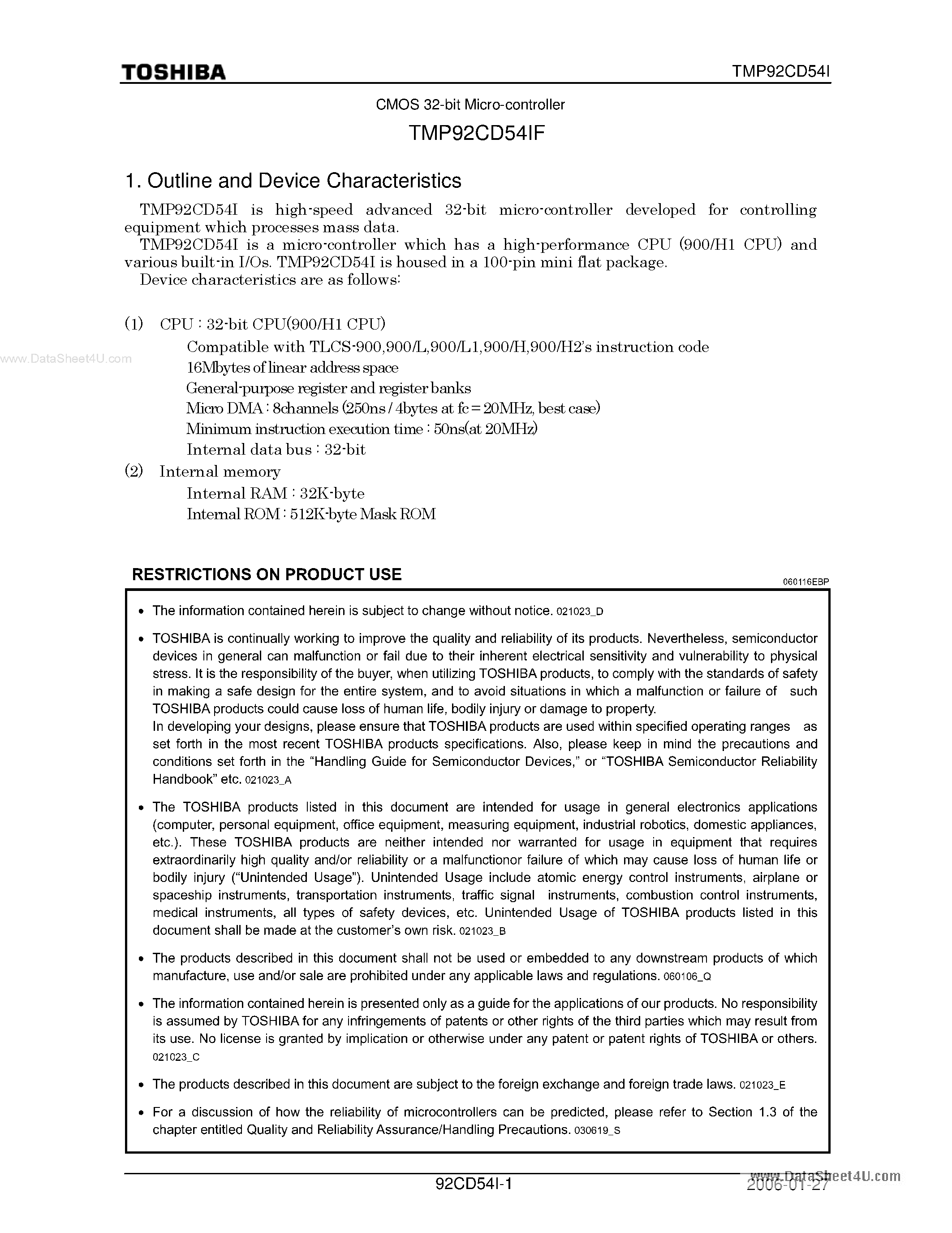 Даташит TMP92CD54IF - 32-bit Micro-controller страница 1
