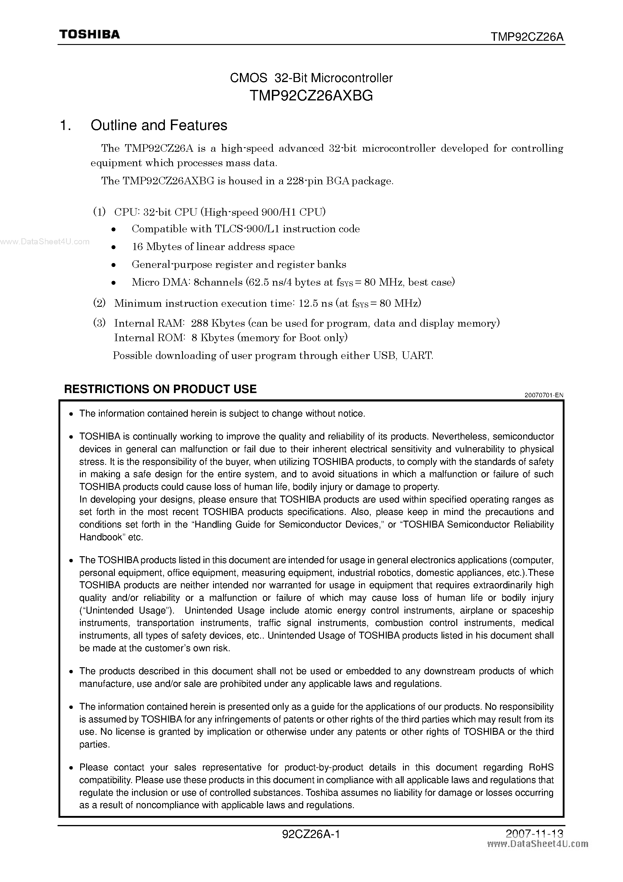 Даташит TMP92CZ26AXBG - CMOS 32-Bit Microcontroller страница 2