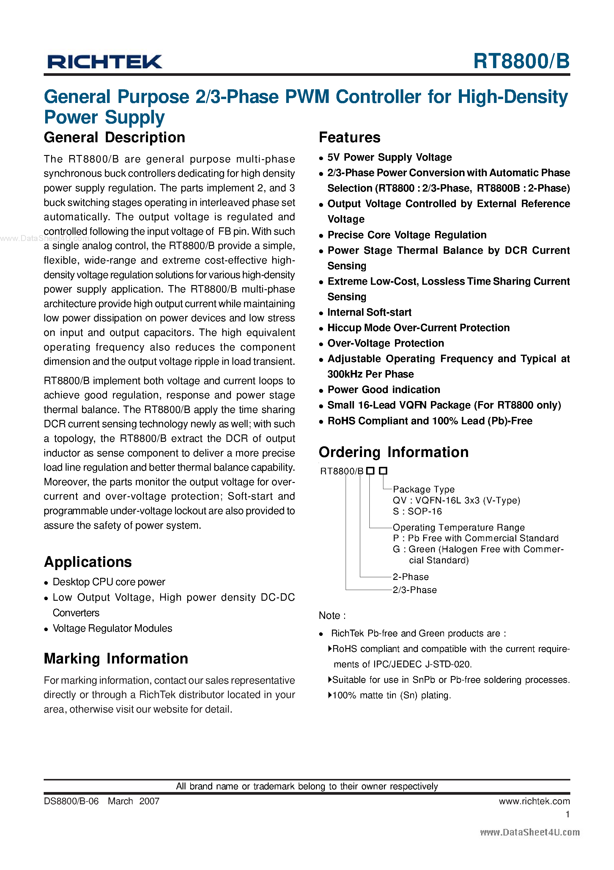 Datasheet RT8800 - General Purpose 2/3-Phase PWM Controller page 1