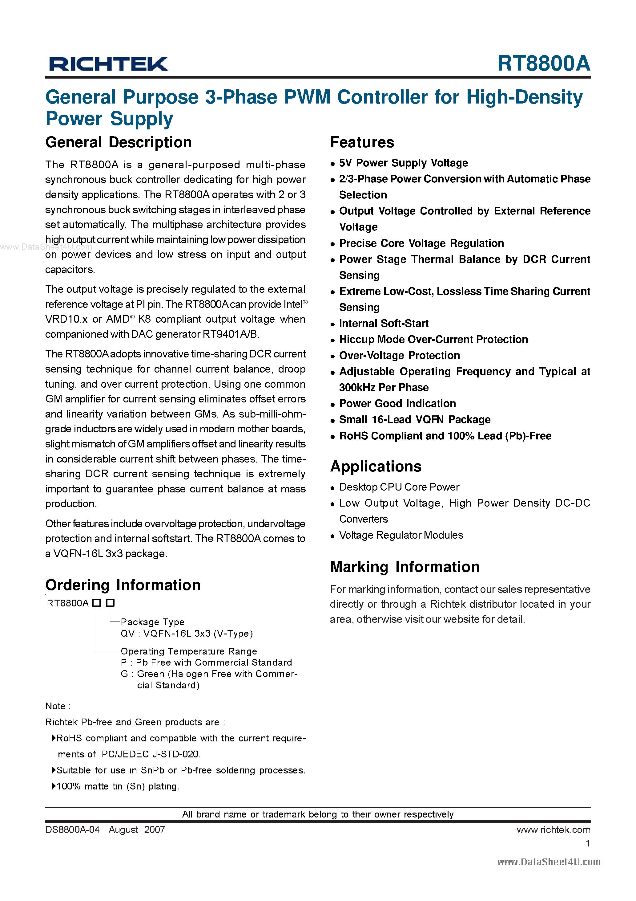 Datasheet RT8800A page 1 Datasheet RT8800A - General Purpose 3-Phase PWM Controller page 1