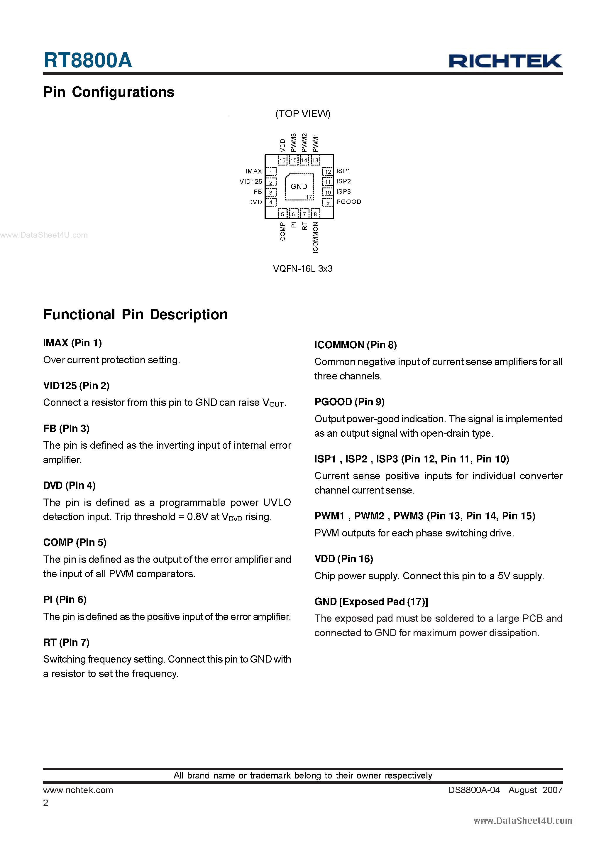 Datasheet RT8800A page 2 Datasheet RT8800A - General Purpose 3-Phase PWM Controller page 2