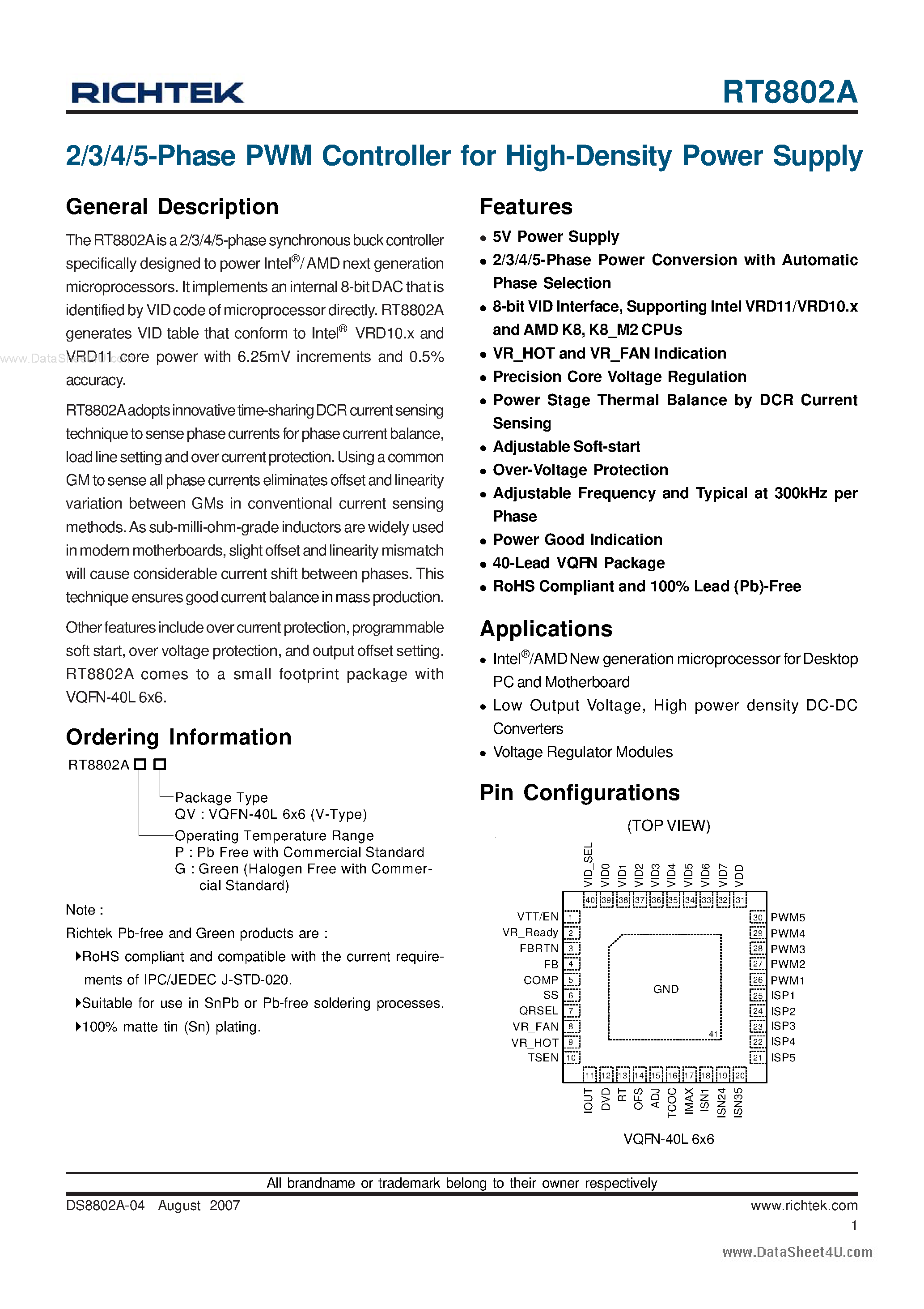 Datasheet RT8802A - 2/3/4/5-Phase PWM Controller page 1