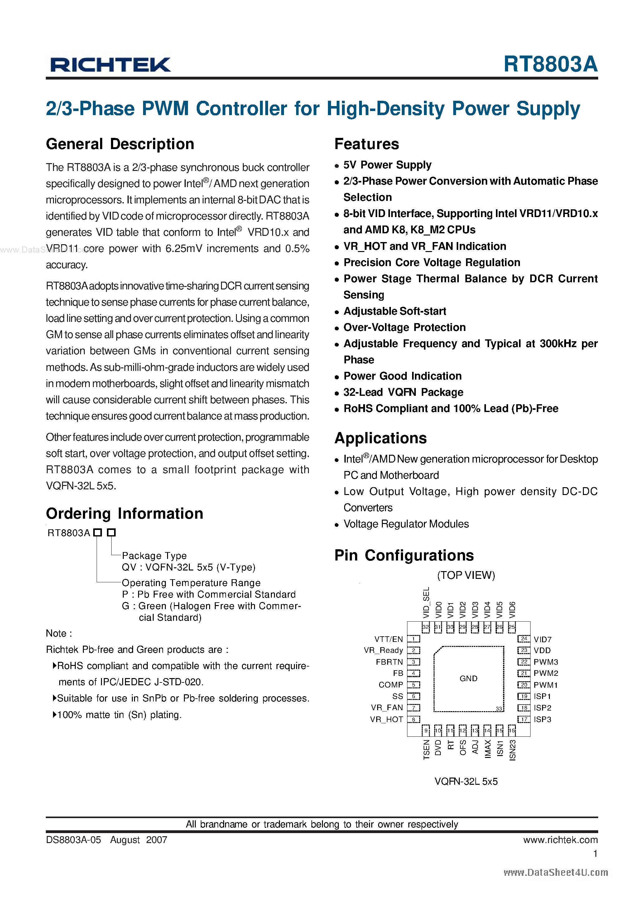 Datasheet RT8803A page 1 Datasheet RT8803A - 2/3-Phase PWM Controller page 1