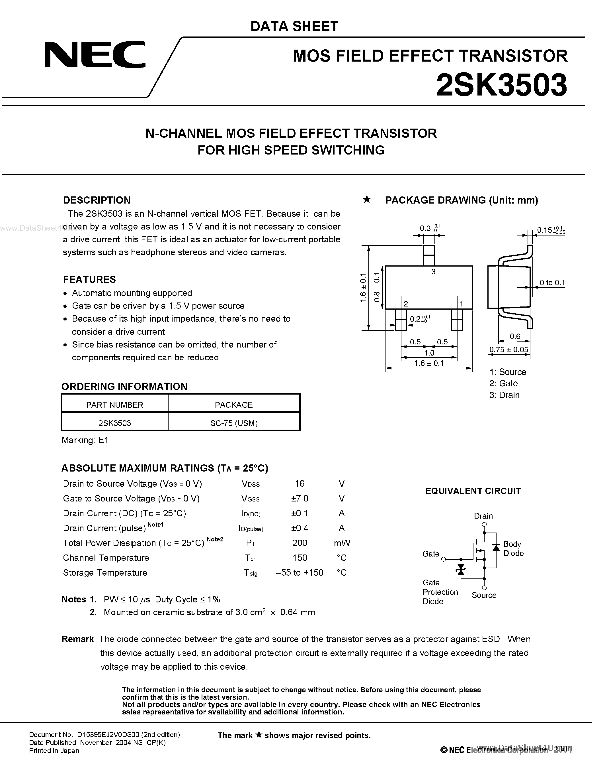 Datasheet 2SK3503 - N-CHANNEL MOS FIELD EFFECT TRANSISTOR page 1