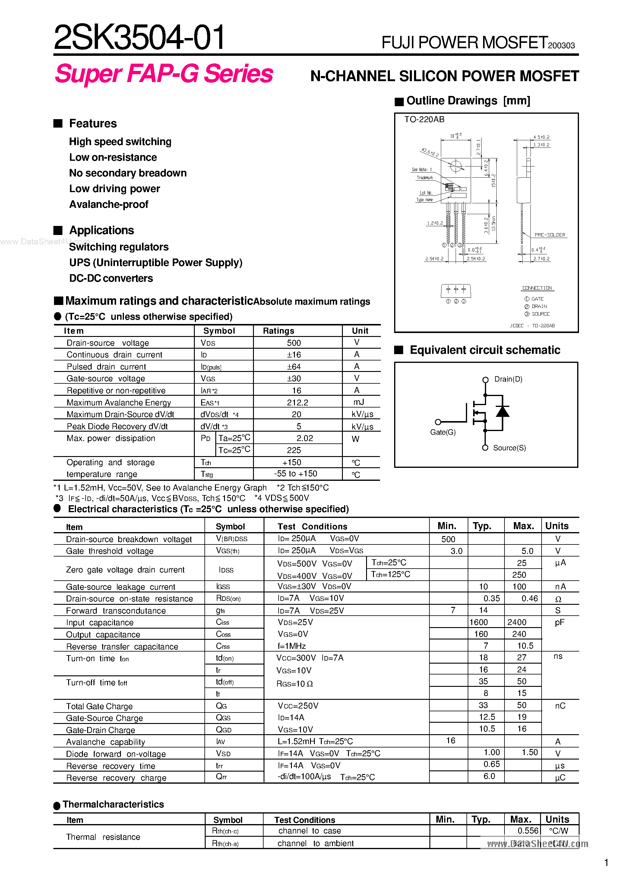 Datasheet 2SK3504-01 - N-CHANNEL SILICON POWER MOSFET page 1