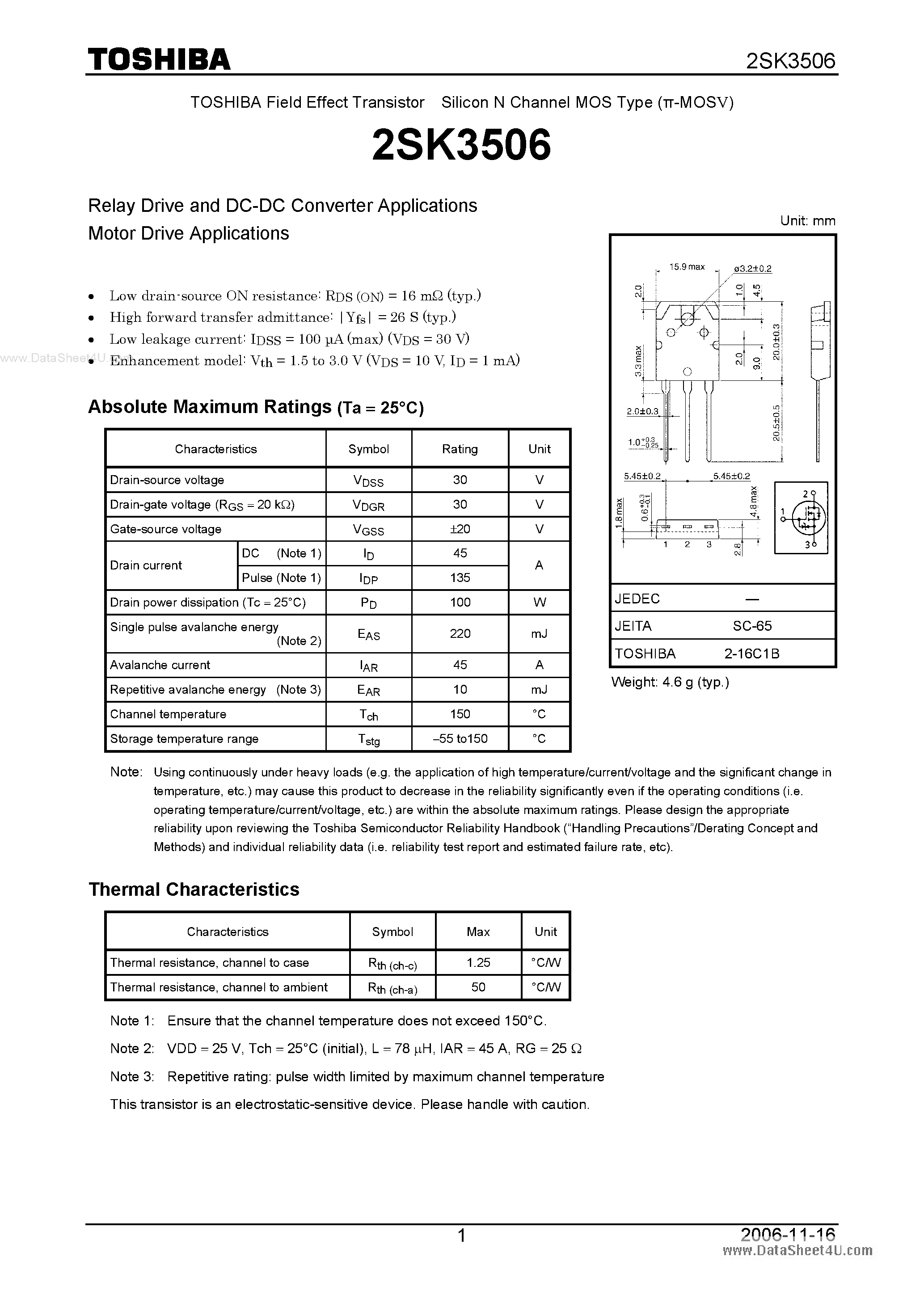 Datasheet 2SK3506 page 1 Datasheet 2SK3506 - Silicon N Channel MOS Type Relay Drive and DC-DC Converter Applications page 1