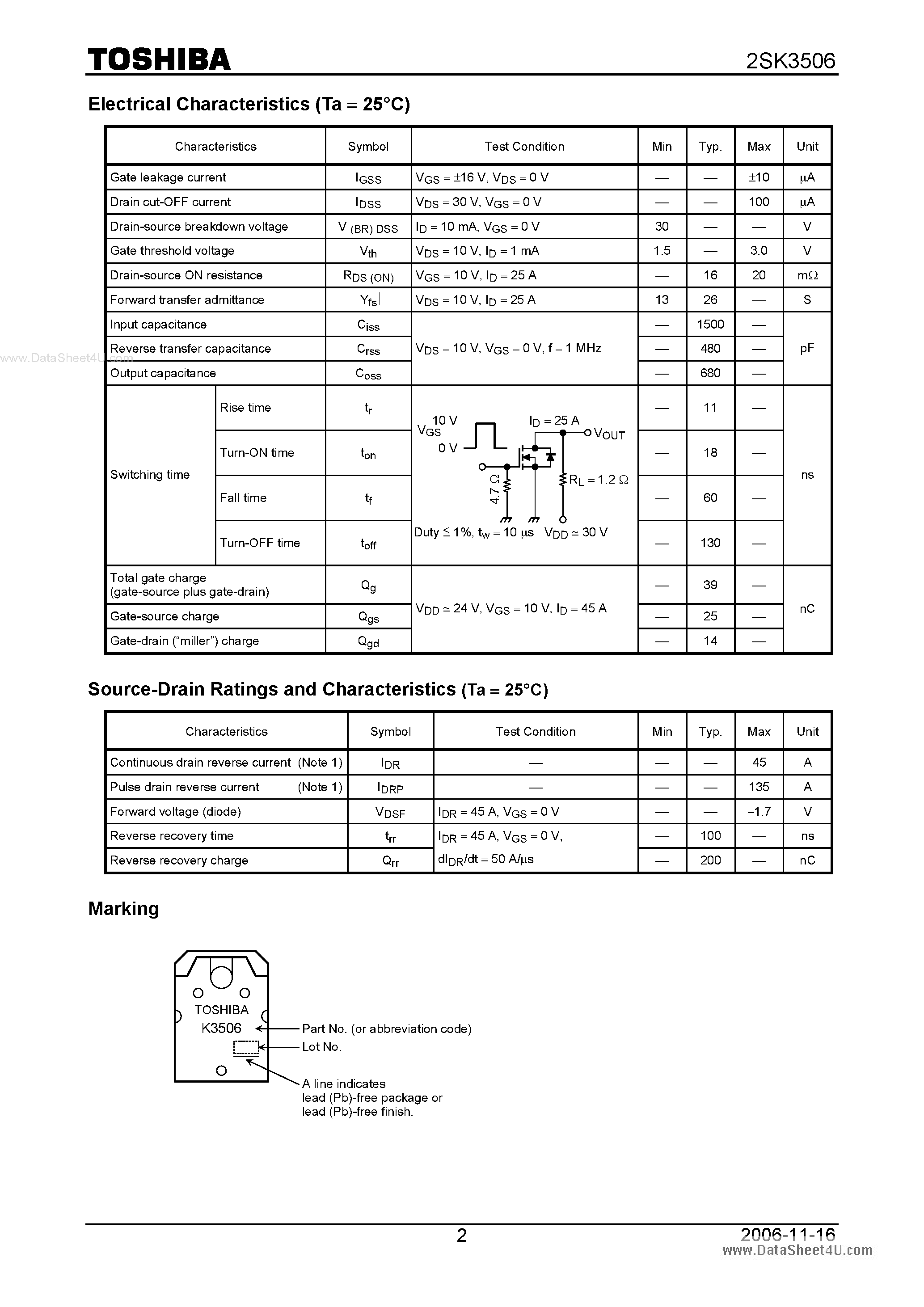 Datasheet 2SK3506 page 2 Datasheet 2SK3506 - Silicon N Channel MOS Type Relay Drive and DC-DC Converter Applications page 2