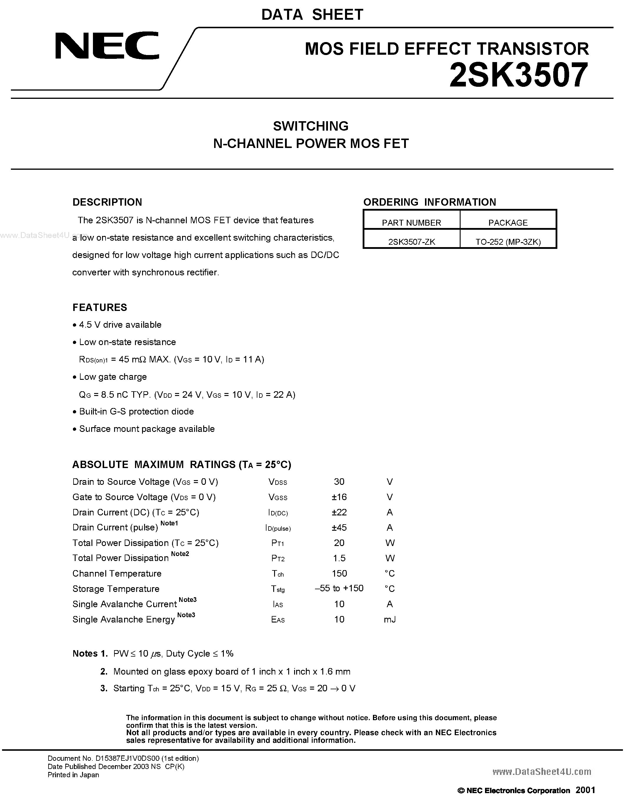 Datasheet 2SK3507 - SWITCHING N-CHANNEL POWER MOSFET page 1