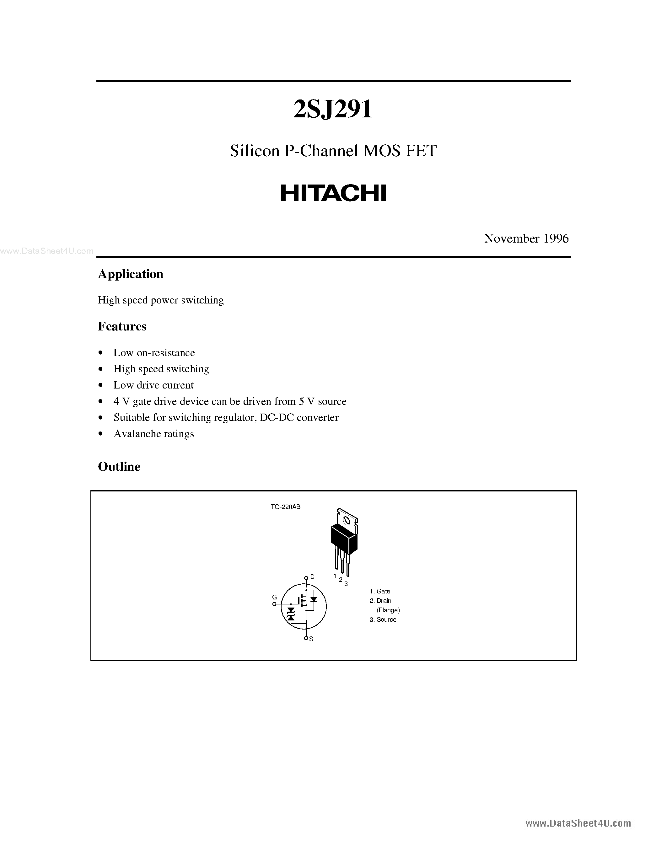 Datasheet 2SJ291 - Silicon P-Channel MOS FET page 1