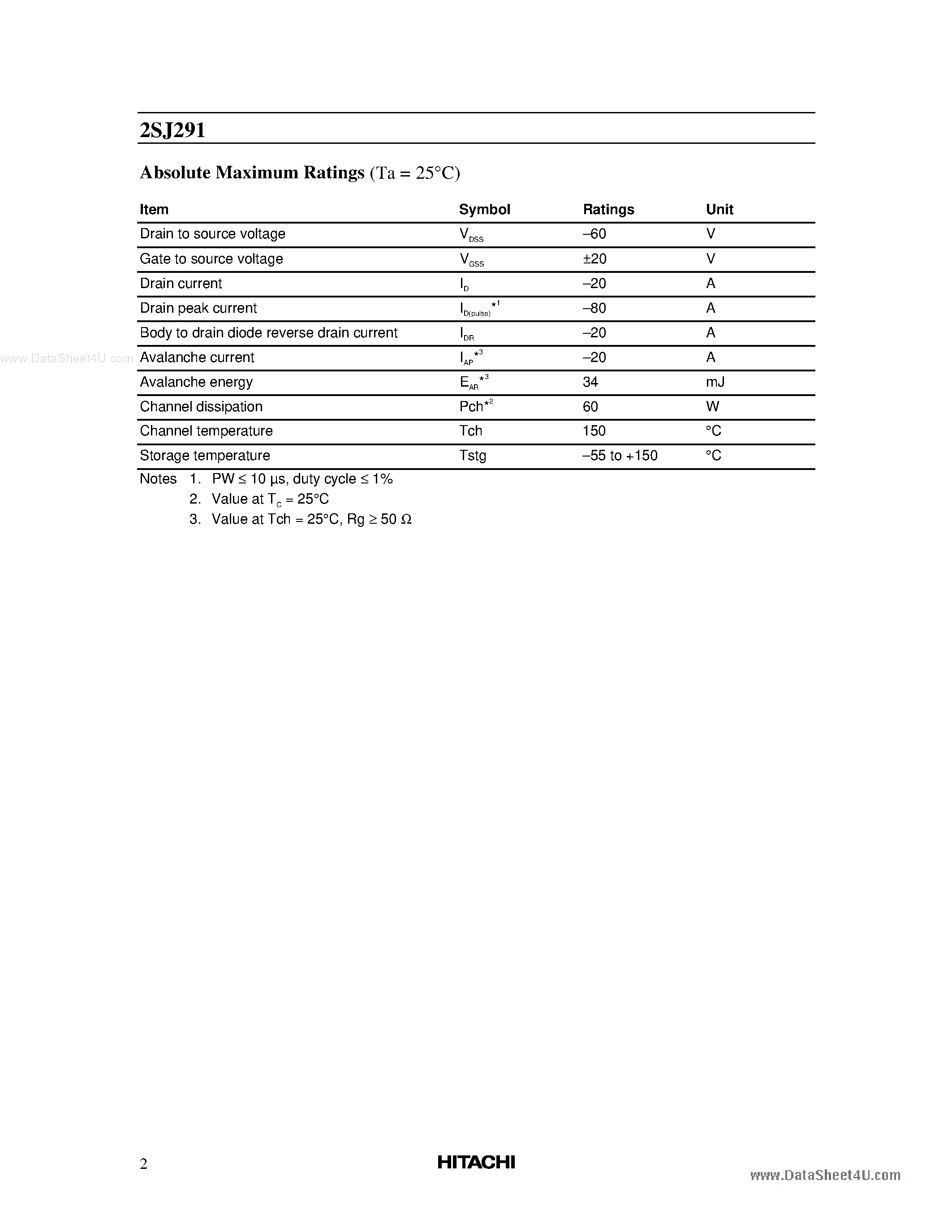Datasheet 2SJ291 - Silicon P-Channel MOS FET page 2