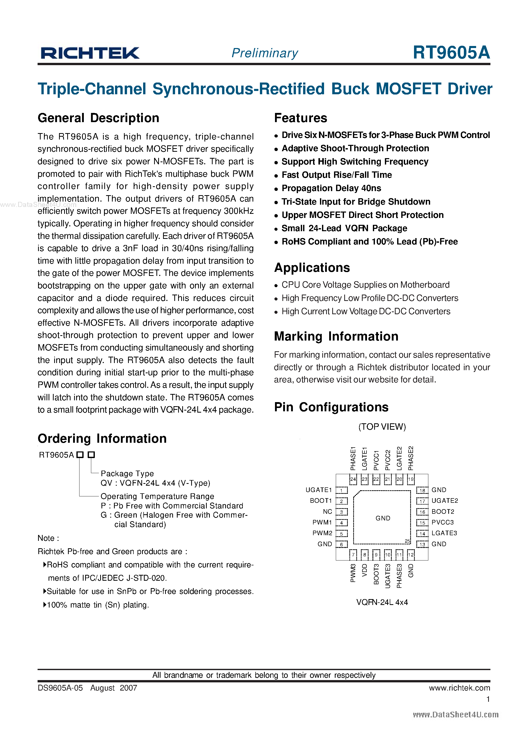 Datasheet RT9605A page 1 Datasheet RT9605A - Triple-Channel Synchronous-Rectified Buck MOSFET Driver page 1