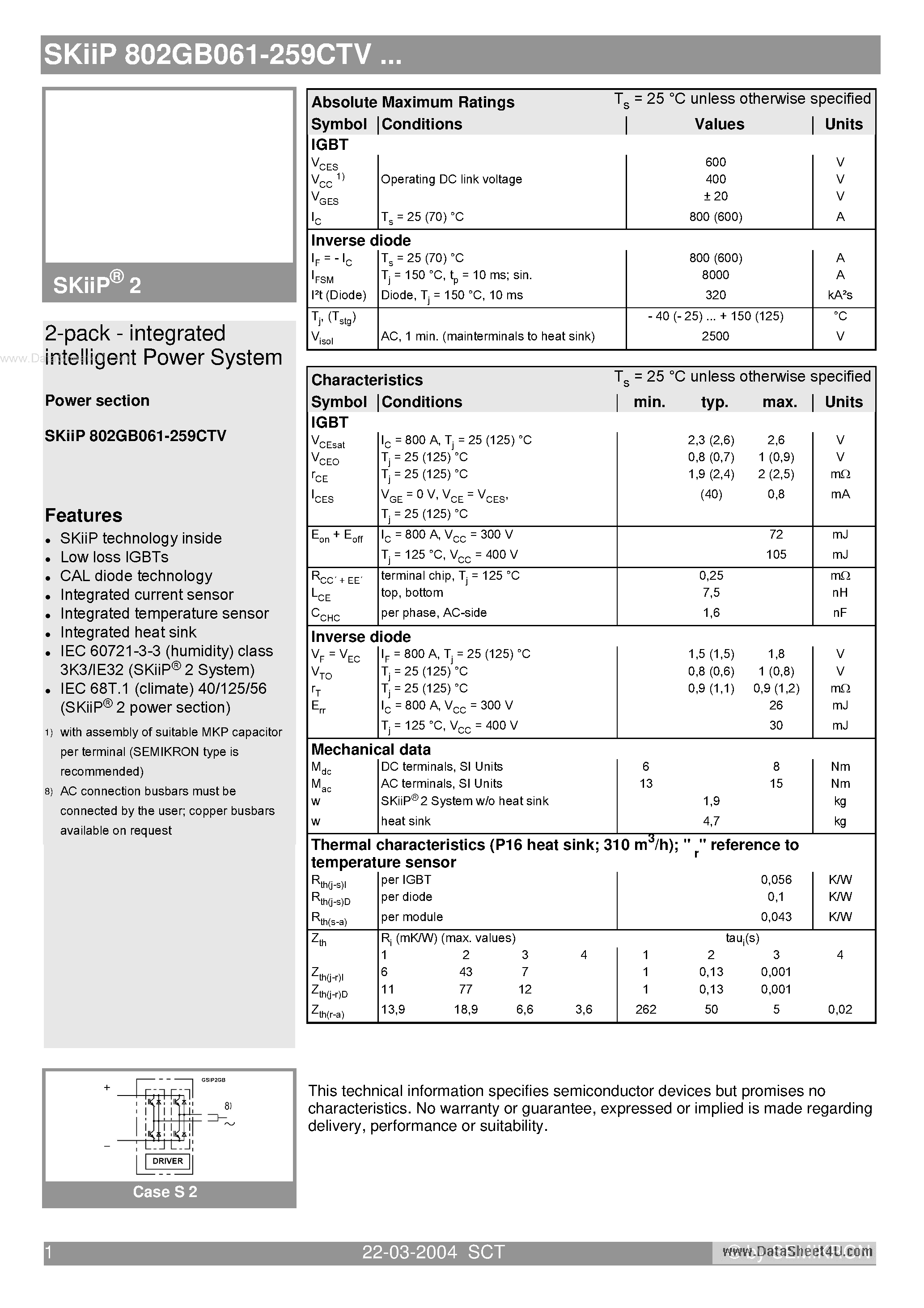 Datasheet SKIIP802GB061-259CTV - 2-pack - integrated intelligent Power System page 1