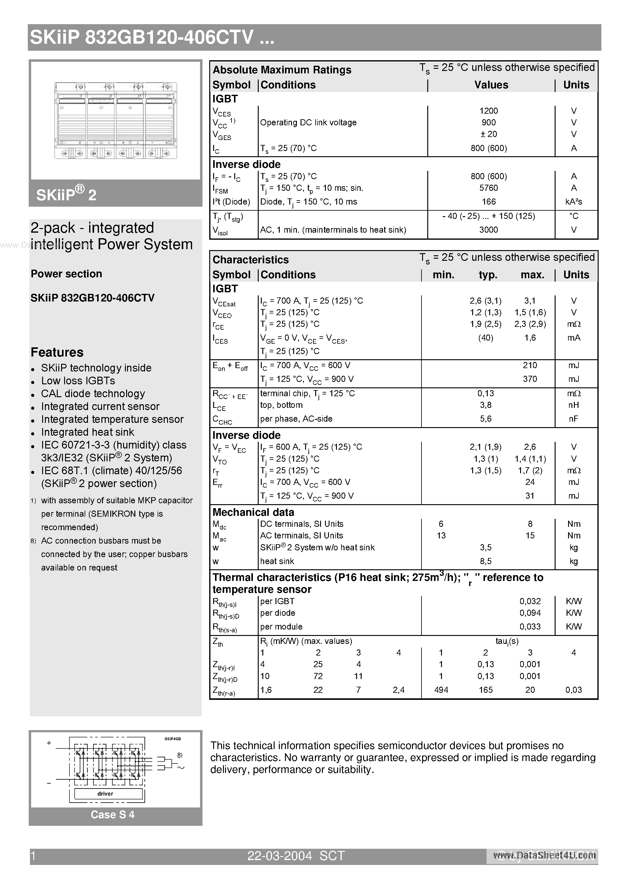 Datasheet SKIIP832GB120-406CTV - 2-pack - integrated intelligent Power System page 1