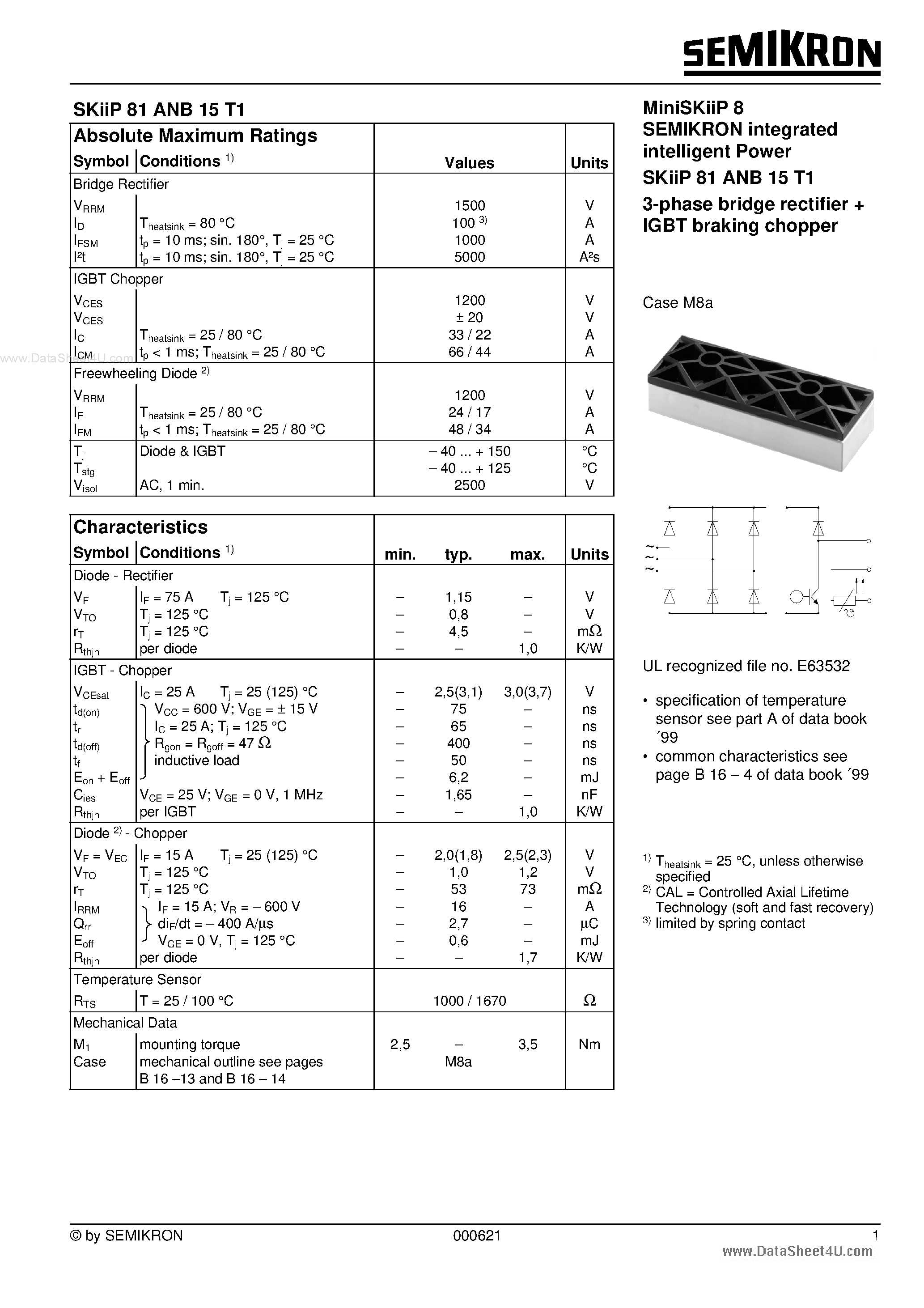 Datasheet SKIIP81ANB15T1 - Miniskiip 8 Semikron Integrated Intelligent Power 3-phase Bridge Rectifier + Igbt Braking Chopper page 1