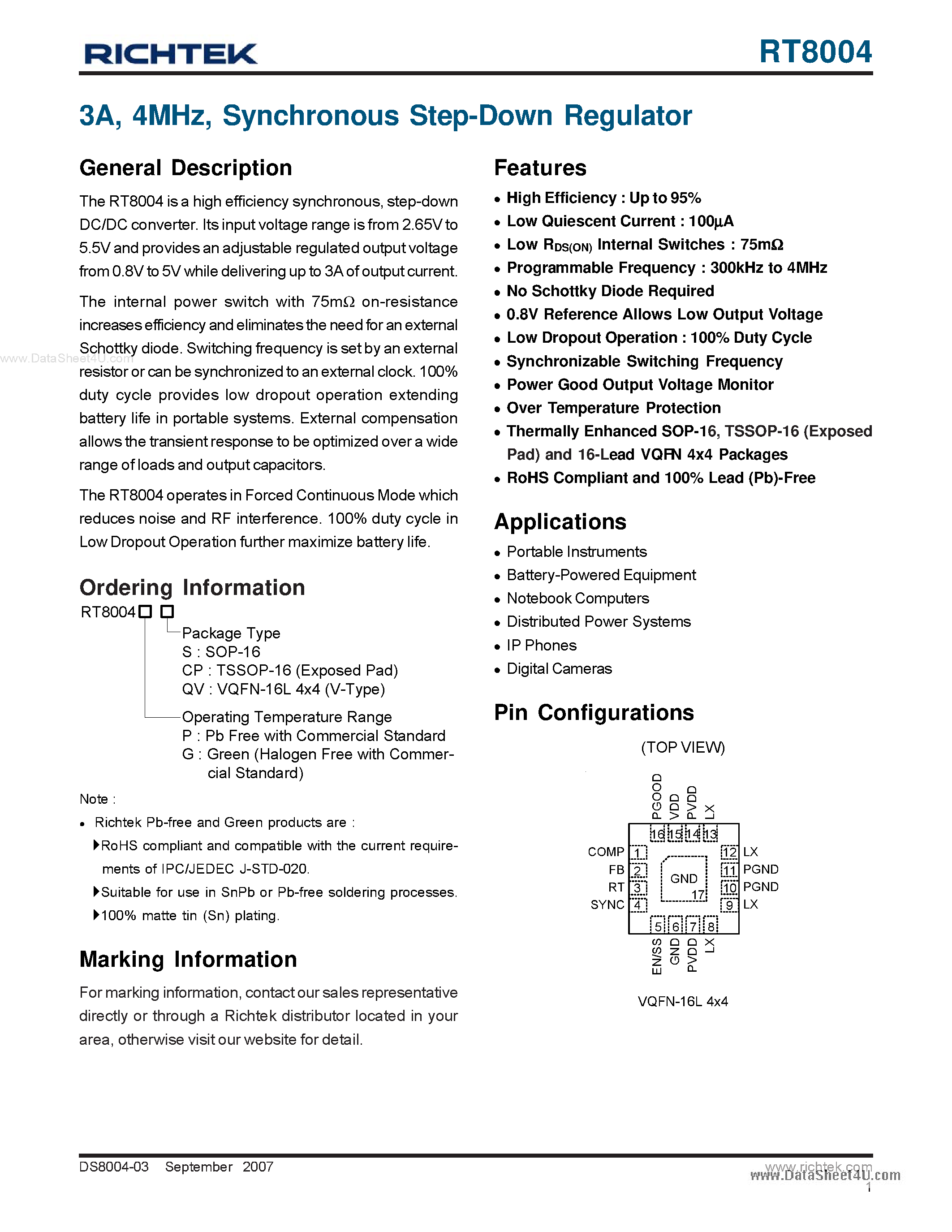 Datasheet RT8004 - Synchronous Step-Down Regulator page 1