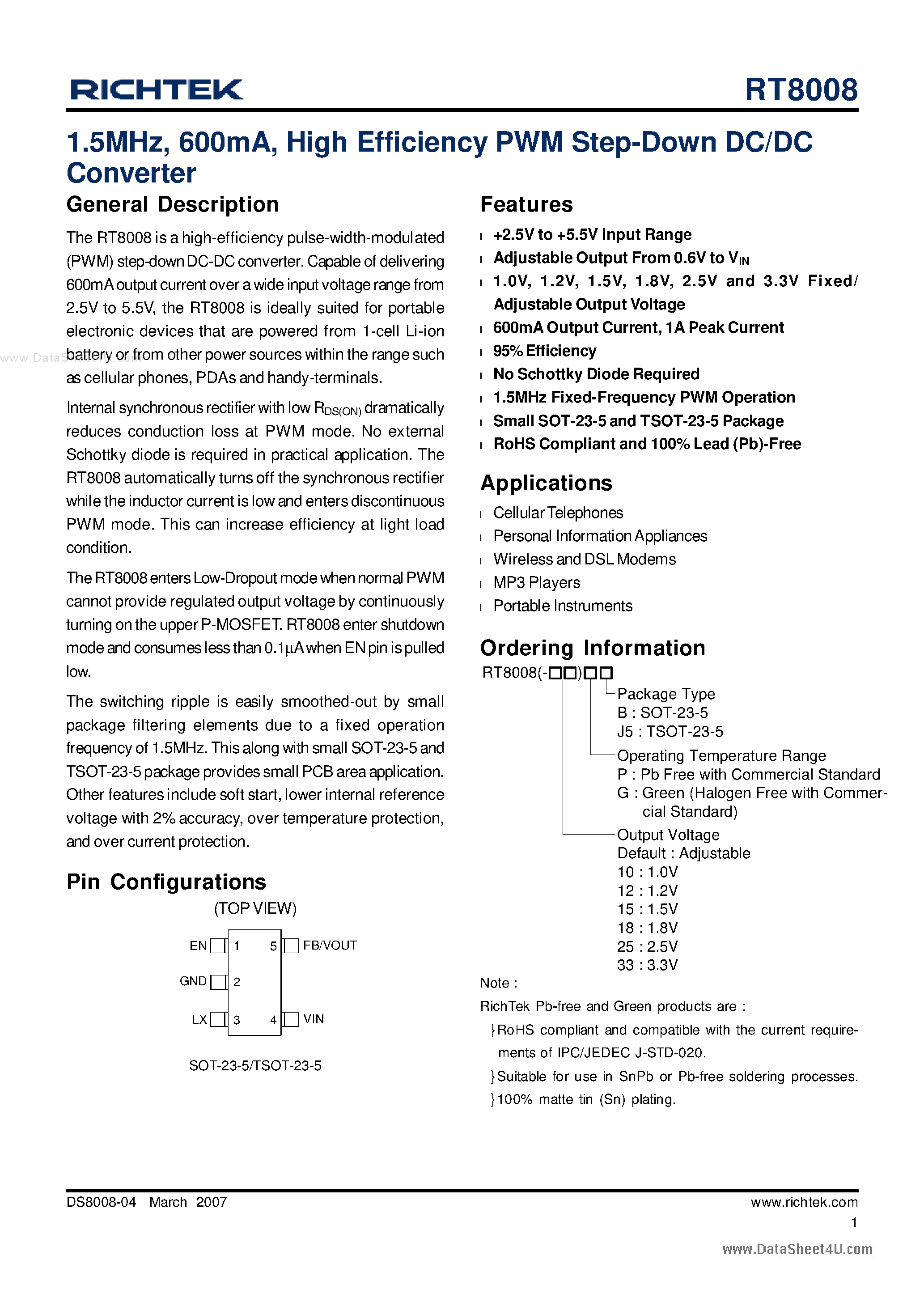 Datasheet RT8008 - High Efficiency PWM Step-Down DC/DC Converter page 1