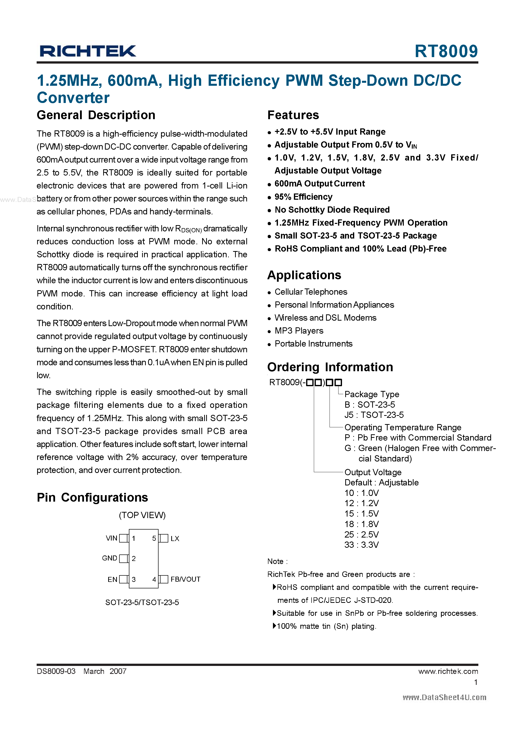 Datasheet RT8009 - High Efficiency PWM Step-Down DC/DC Converter page 1