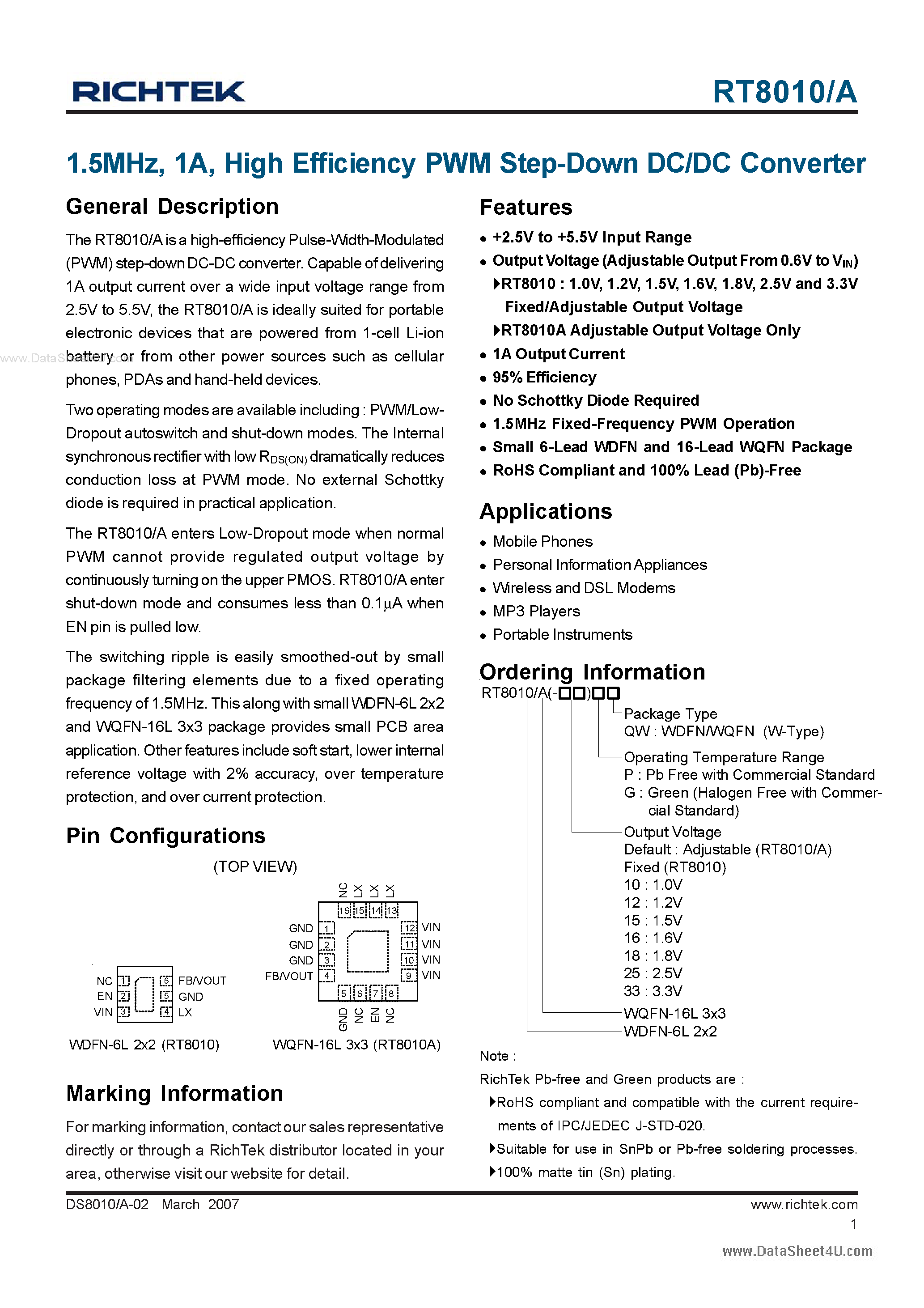 Datasheet RT8010 - High Efficiency PWM Step-Down DC/DC Converter page 1