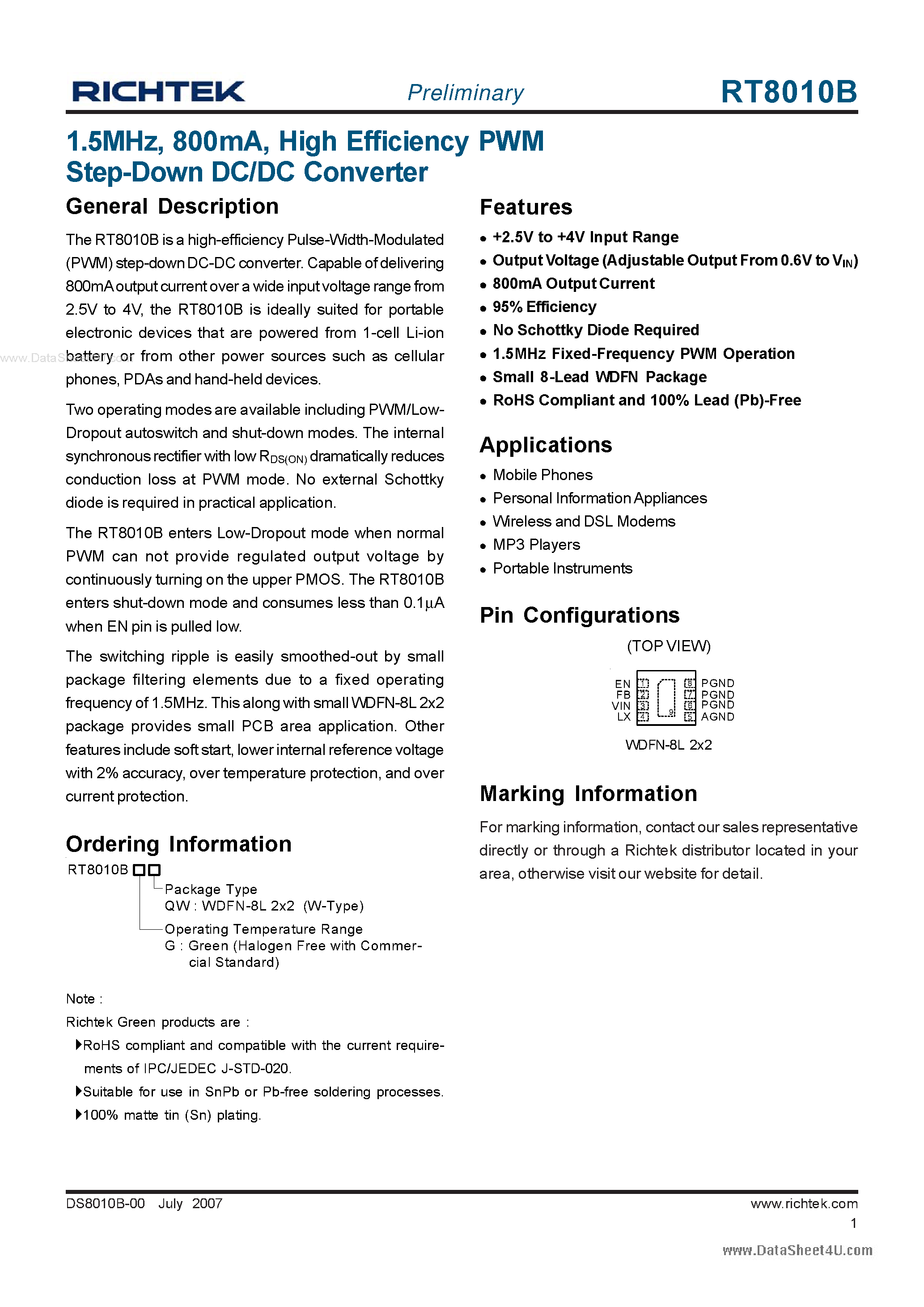 Datasheet RT8010B - High Efficiency PWM Step-Down DC/DC Converter page 1