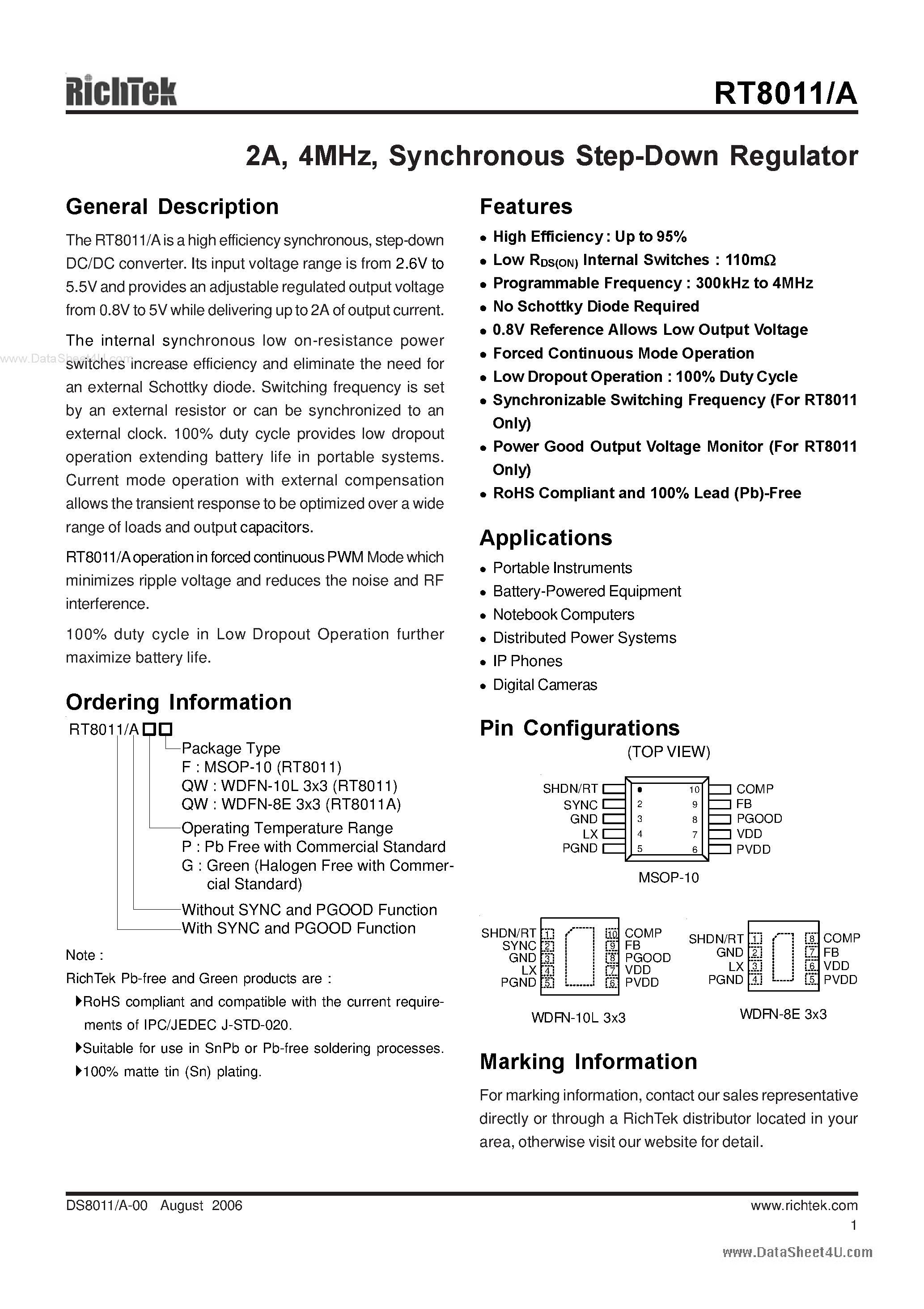 Datasheet RT8011 - Synchronous Step-Down Regulator page 1