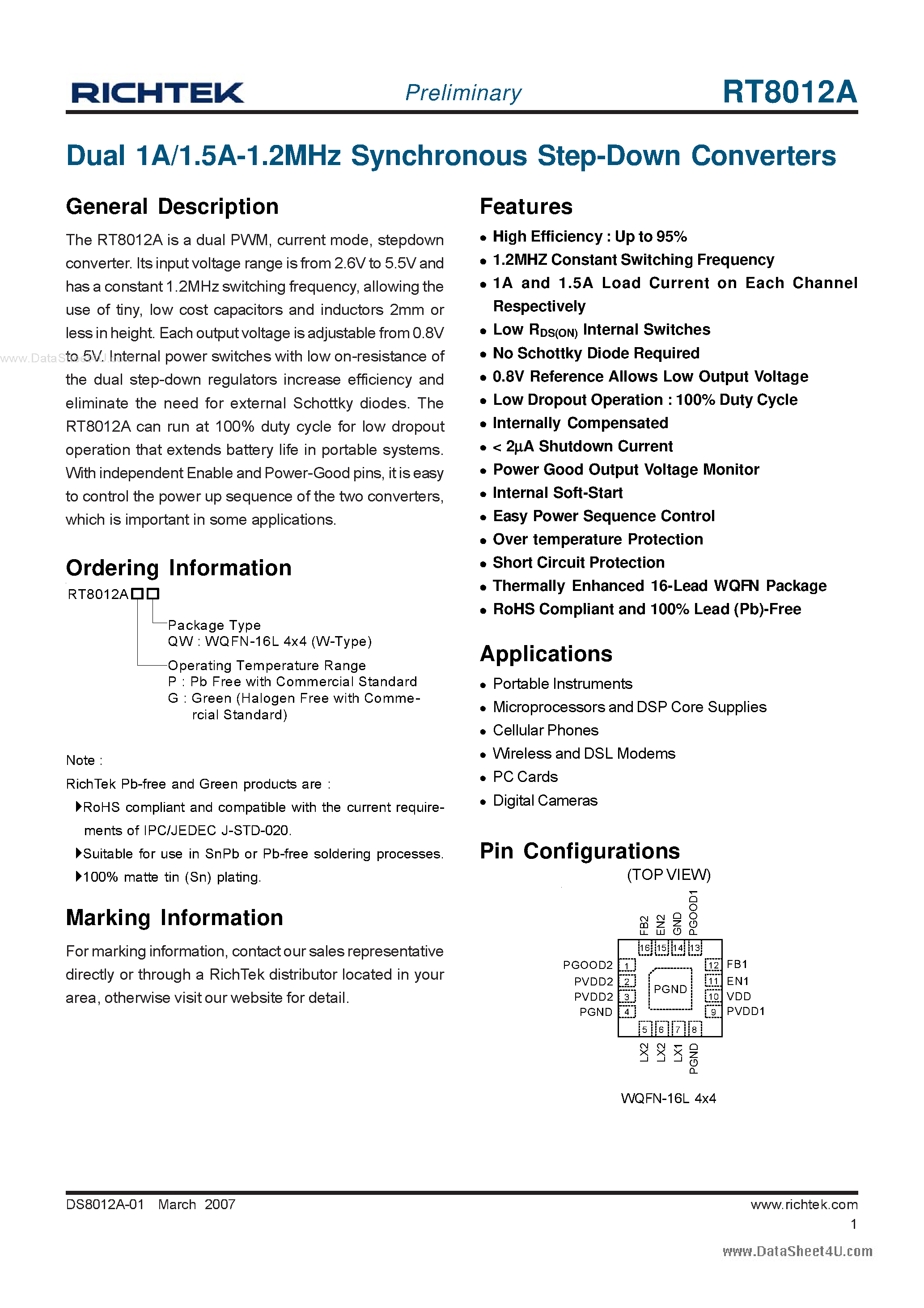 Datasheet RT8012A - Dual 1A/1.5A-1.2MHz Synchronous Step-Down Converters page 1