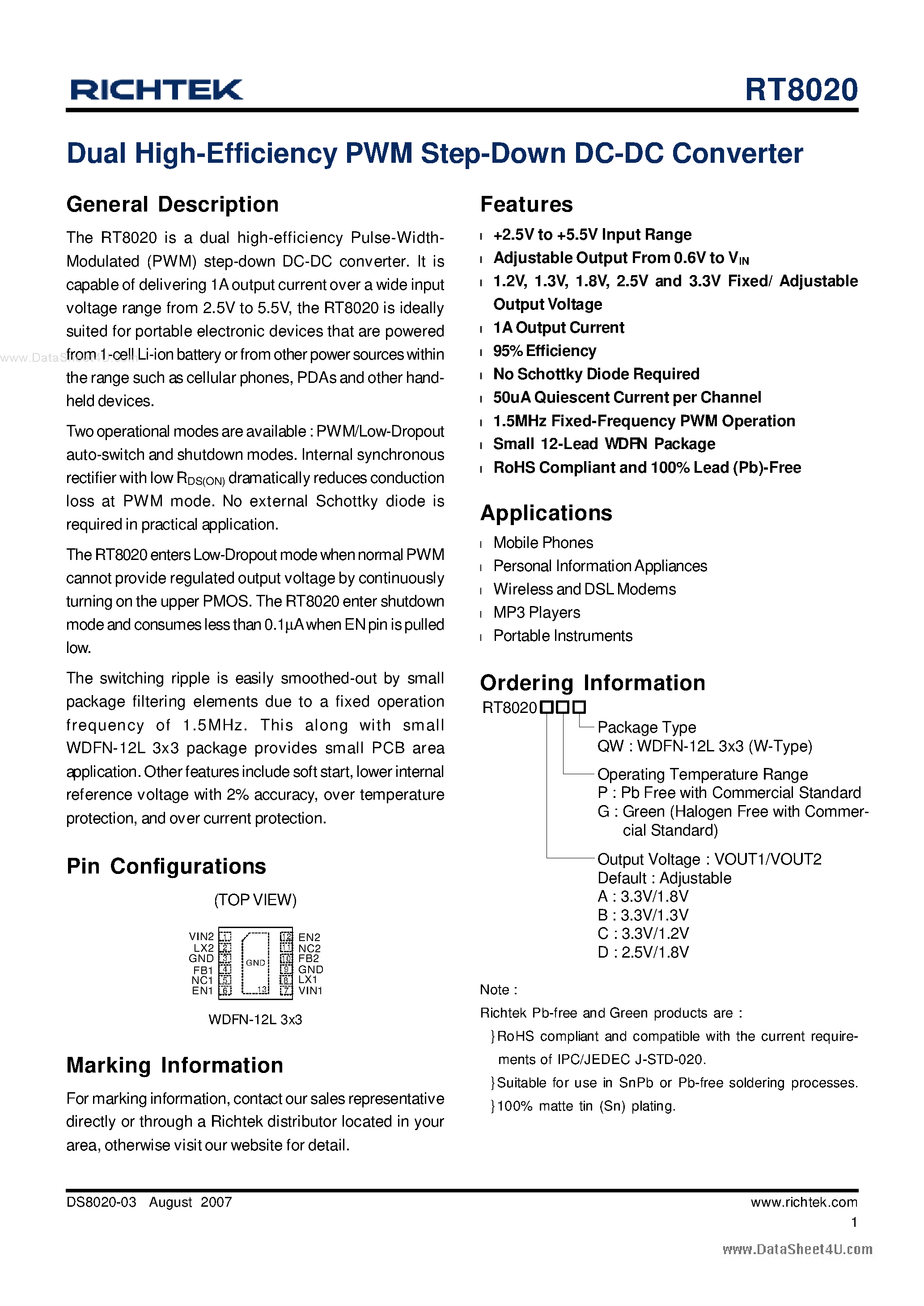 Datasheet RT8020 - Dual High-Efficiency PWM Step-Down DC-DC Converter page 1