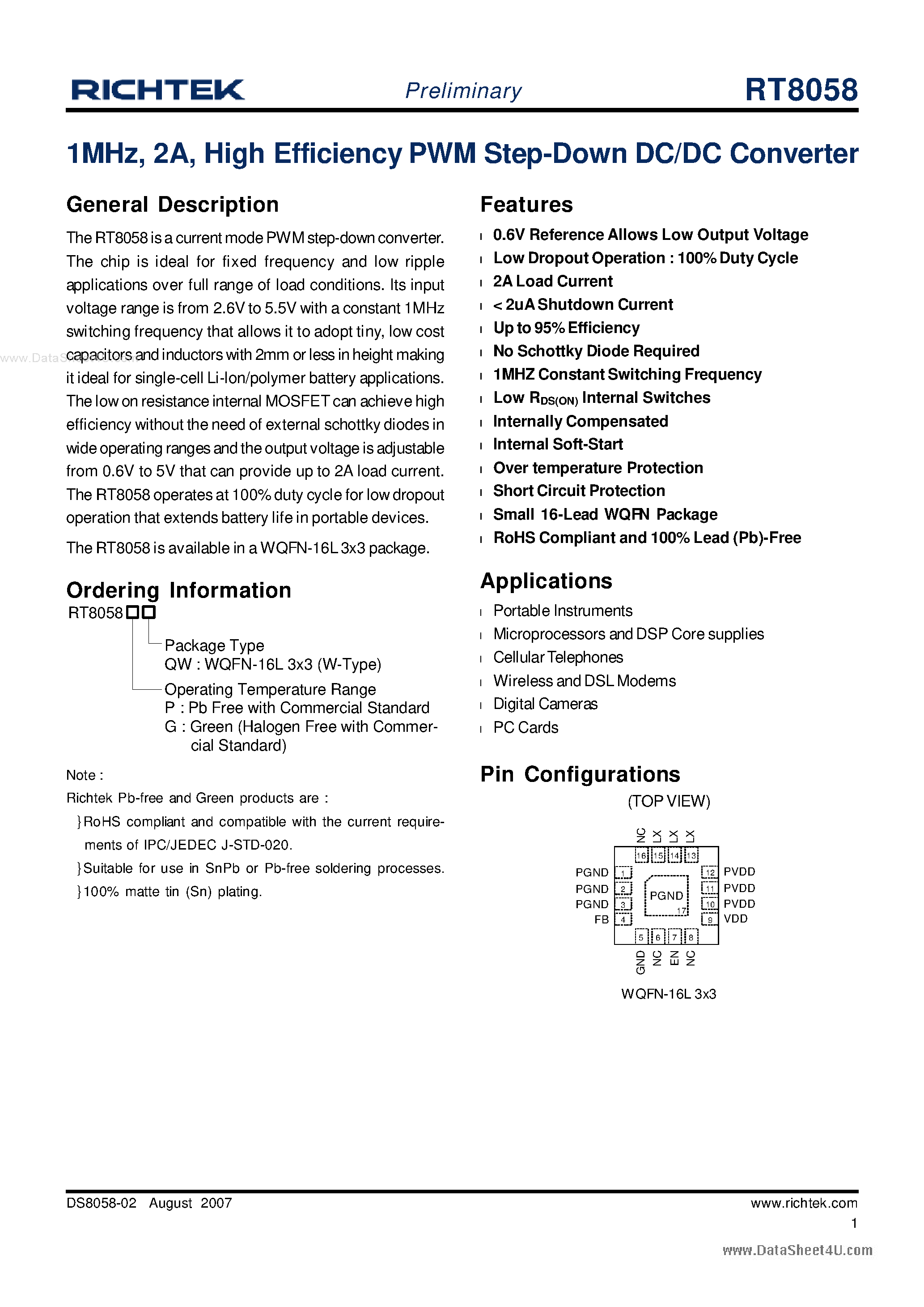Datasheet RT8058 - High Efficiency PWM Step-Down DC/DC Converter page 1