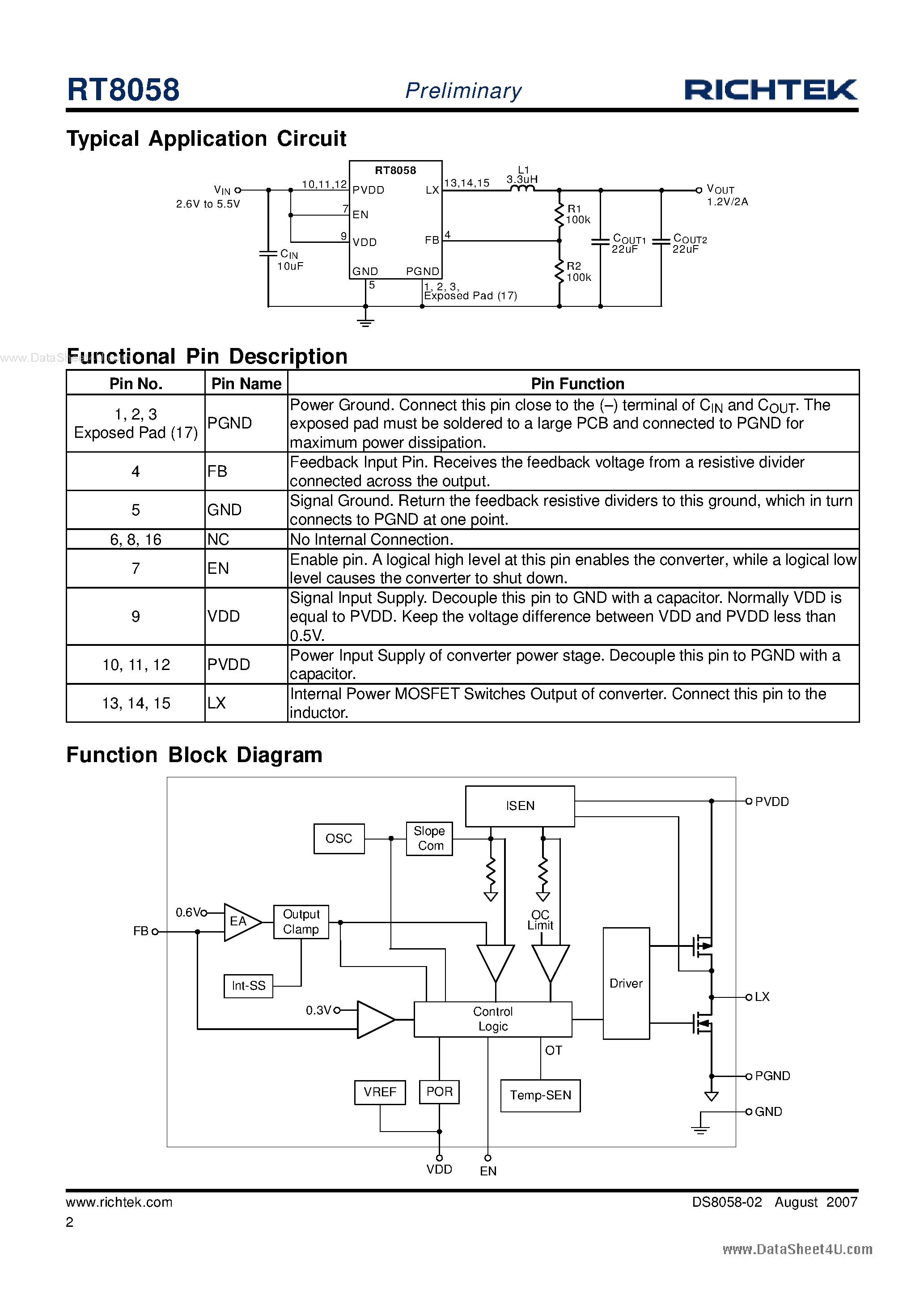 Datasheet RT8058 - High Efficiency PWM Step-Down DC/DC Converter page 2