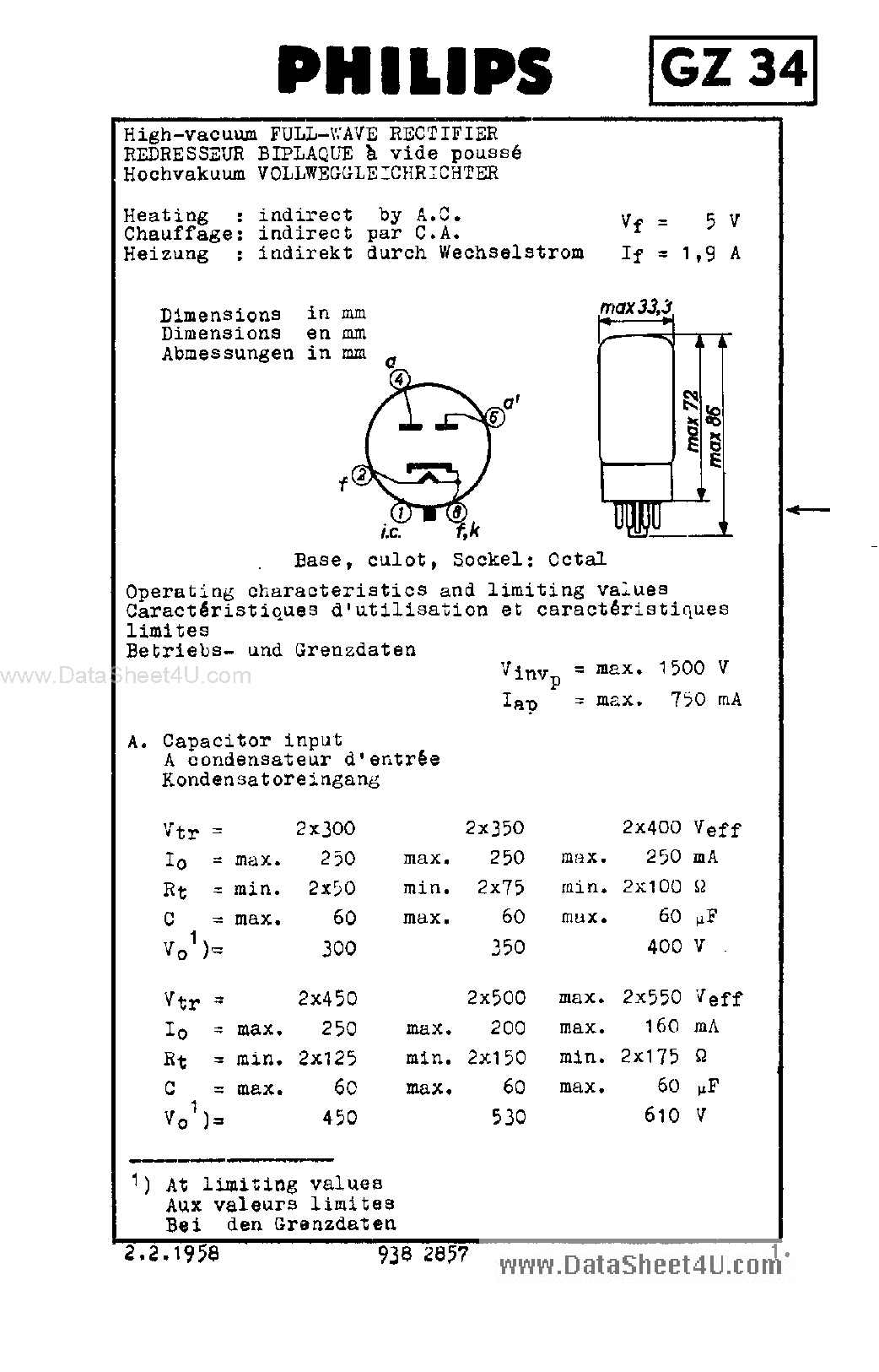 Datasheet GZ34 page 1 Datasheet GZ34 - HIGH-VACUUM FULL-WAVE RECTIFIER page 1
