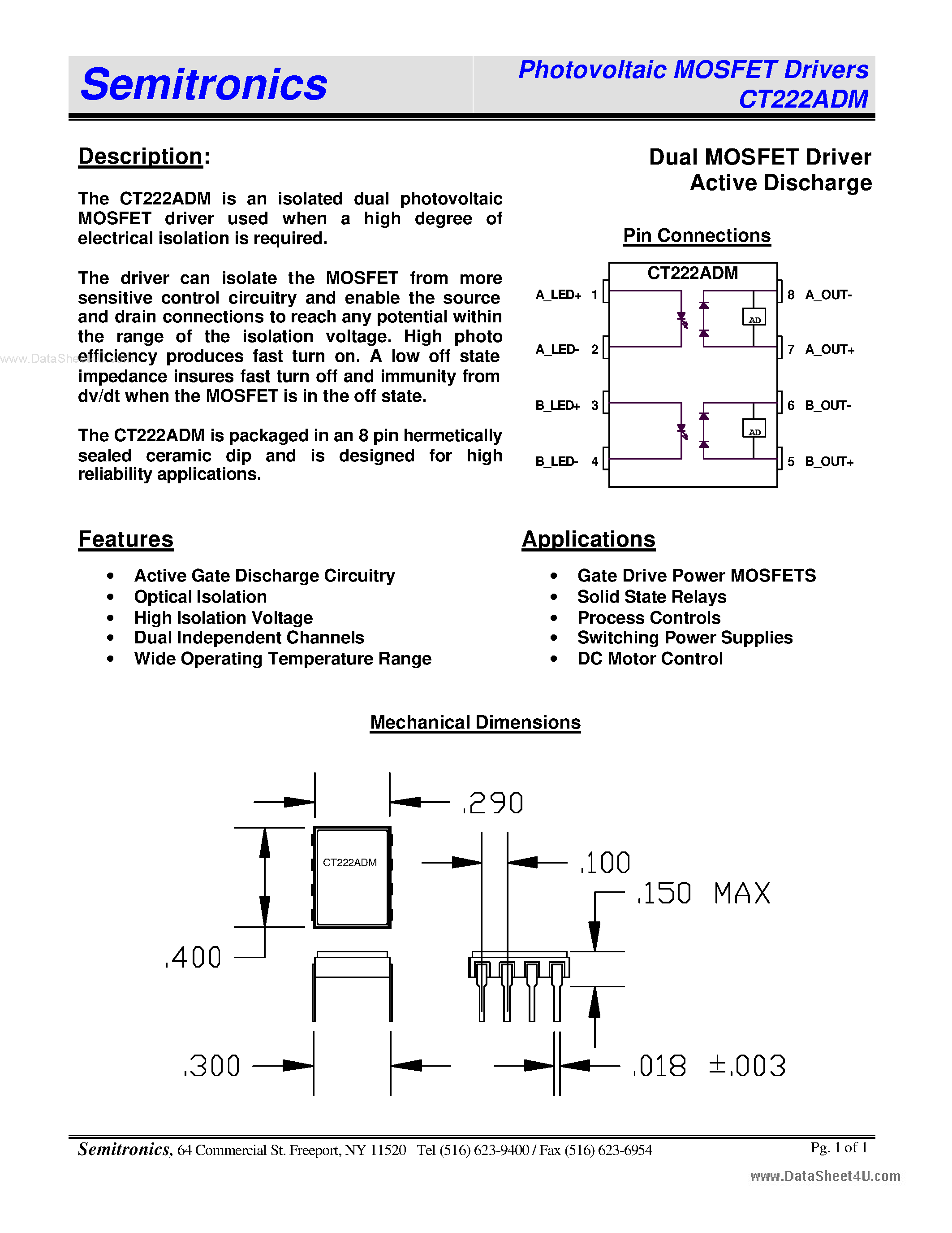 Даташит CT222ADM - Photovoltaic MOSFET Drivers Dual MOSFET Driver Active Discharge страница 1