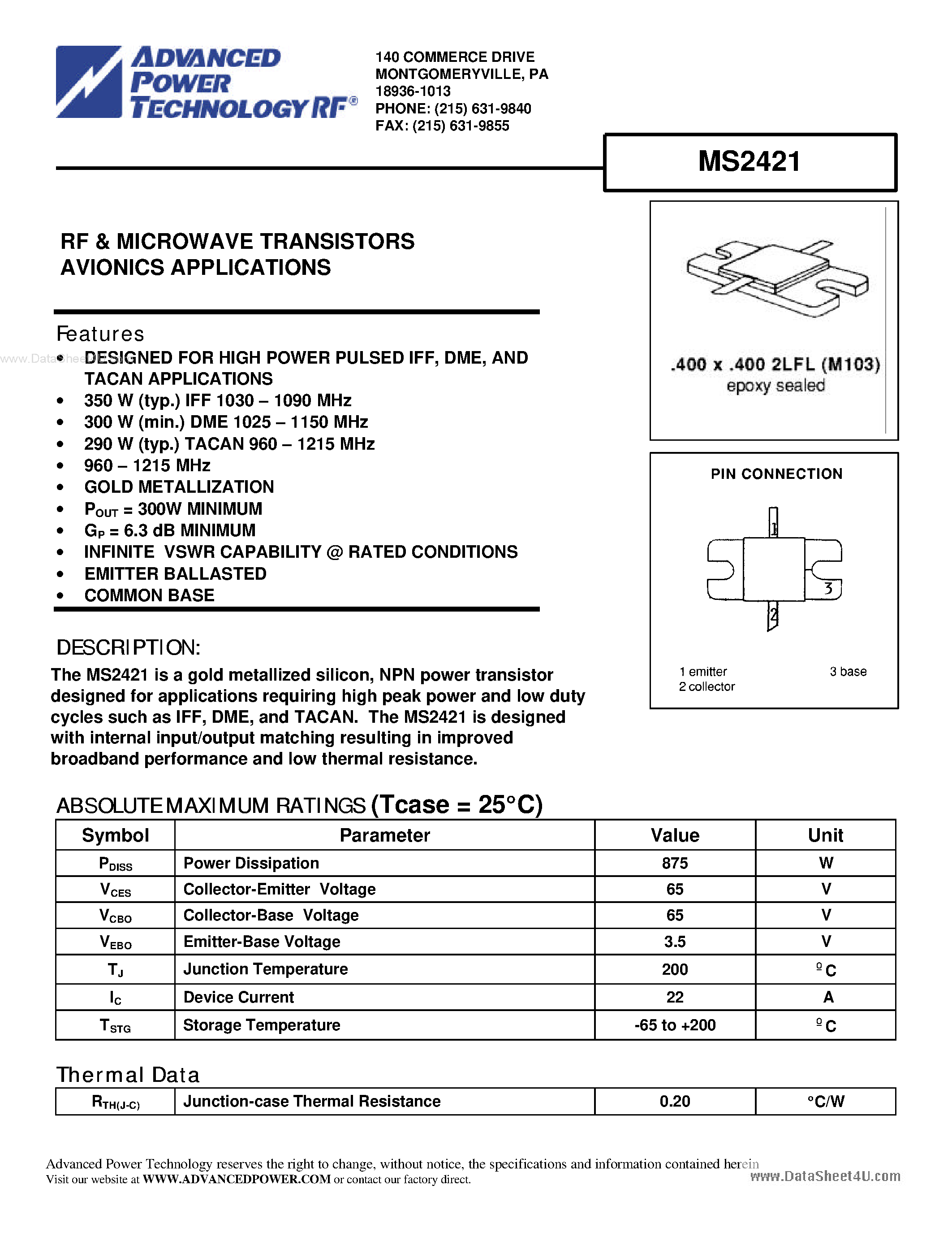 Datasheet MS2421 - RF & MICROWAVE TRANSISTORS AVIONICS APPLICATIONS page 1