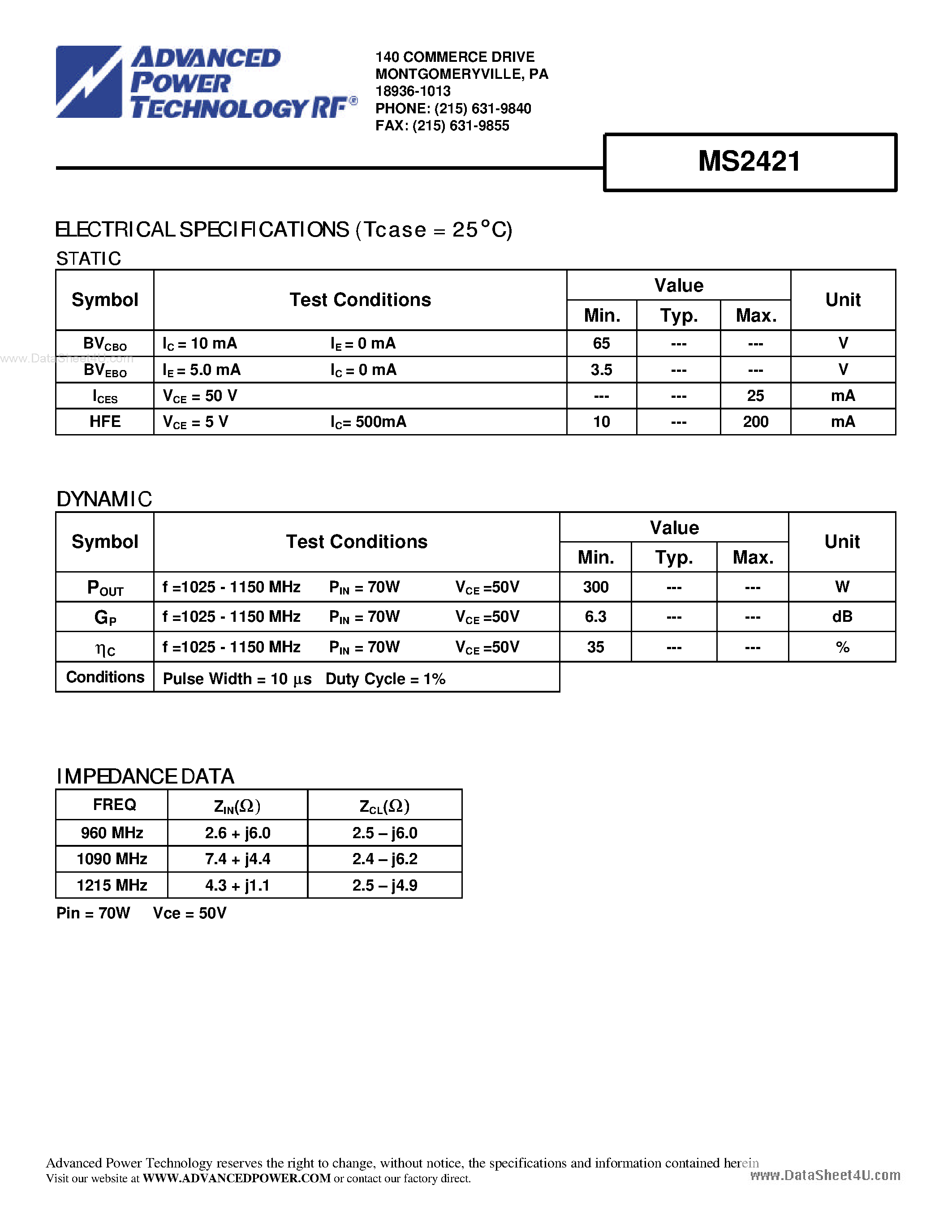 Datasheet MS2421 - RF & MICROWAVE TRANSISTORS AVIONICS APPLICATIONS page 2