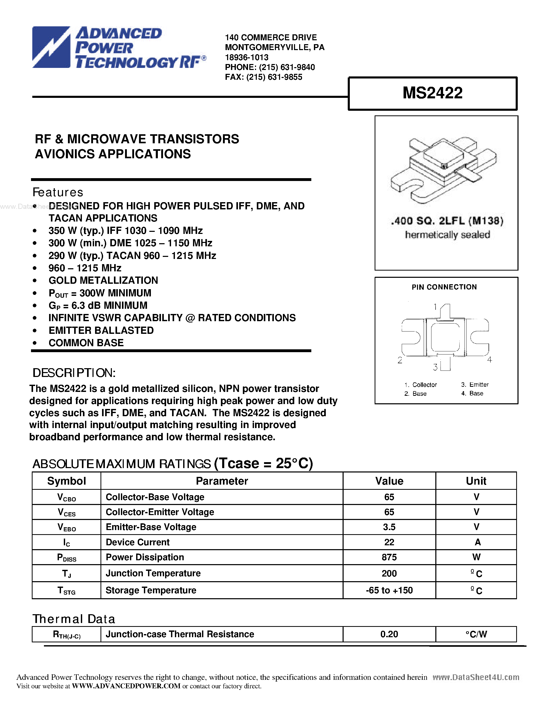 Datasheet MS2422 - RF & MICROWAVE TRANSISTORS AVIONICS APPLICATIONS page 1
