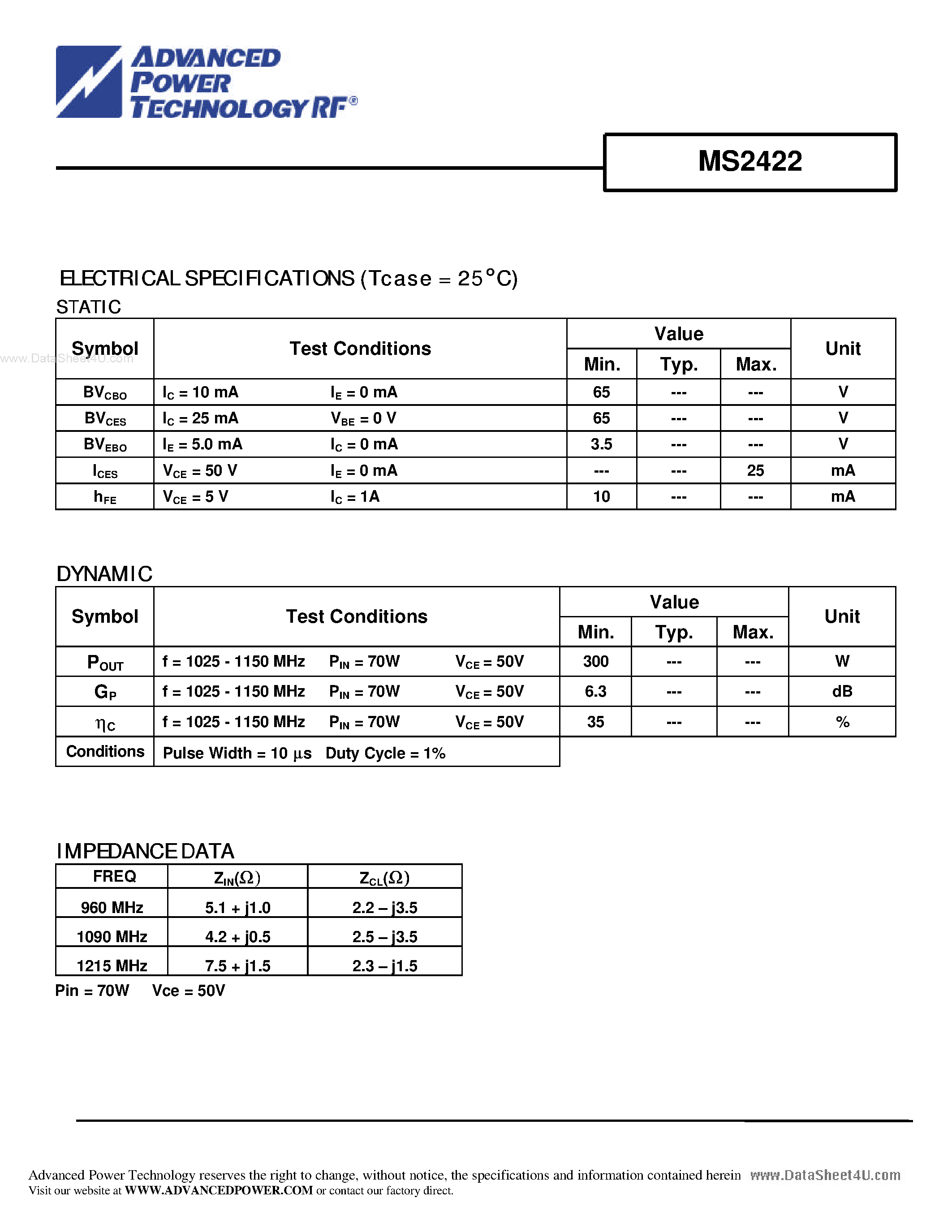 Datasheet MS2422 - RF & MICROWAVE TRANSISTORS AVIONICS APPLICATIONS page 2
