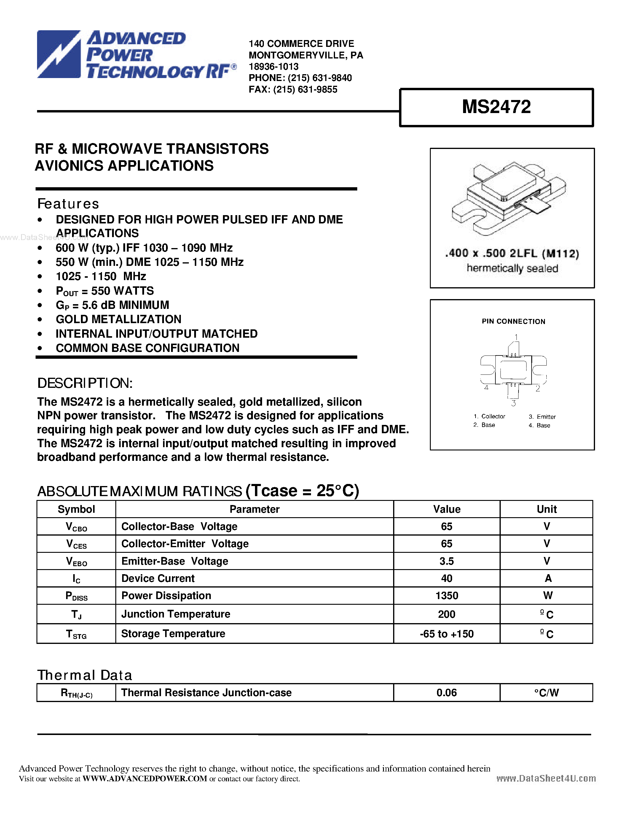 Datasheet MS2472 - RF & MICROWAVE TRANSISTORS AVIONICS APPLICATIONS page 1
