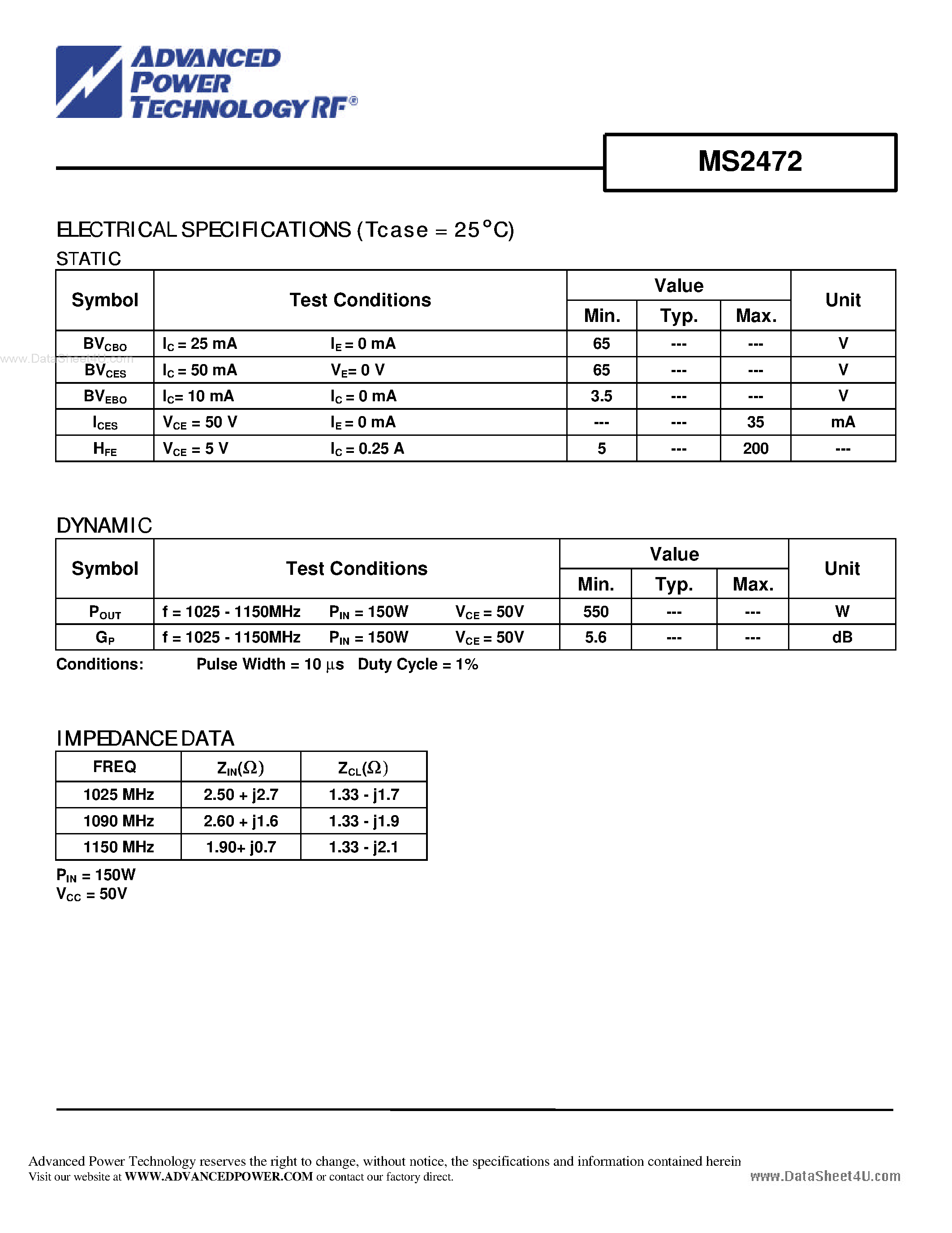 Datasheet MS2472 - RF & MICROWAVE TRANSISTORS AVIONICS APPLICATIONS page 2