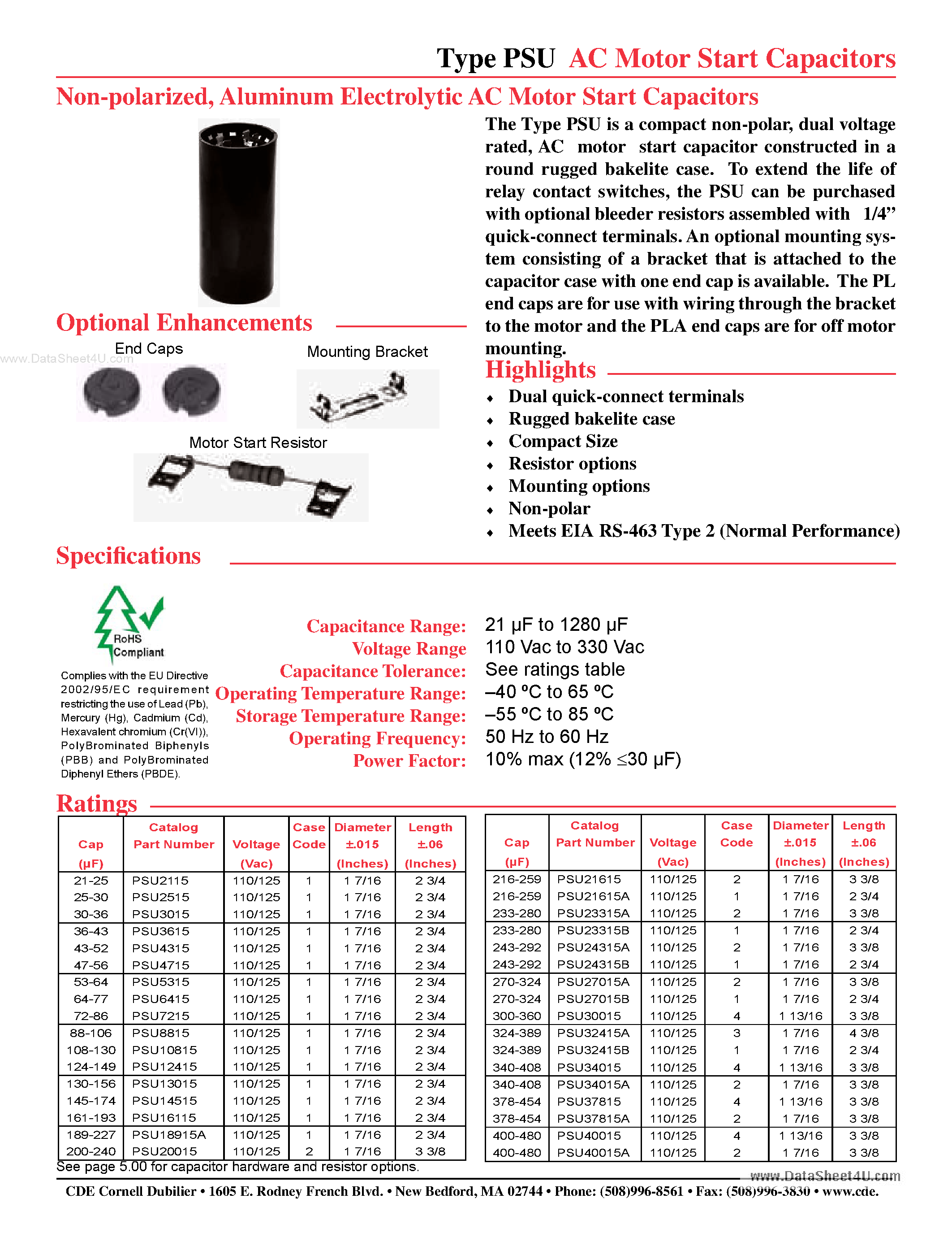 Datasheet PSU - Aluminum Electrolytic AC Motor Start Capacitors page 1