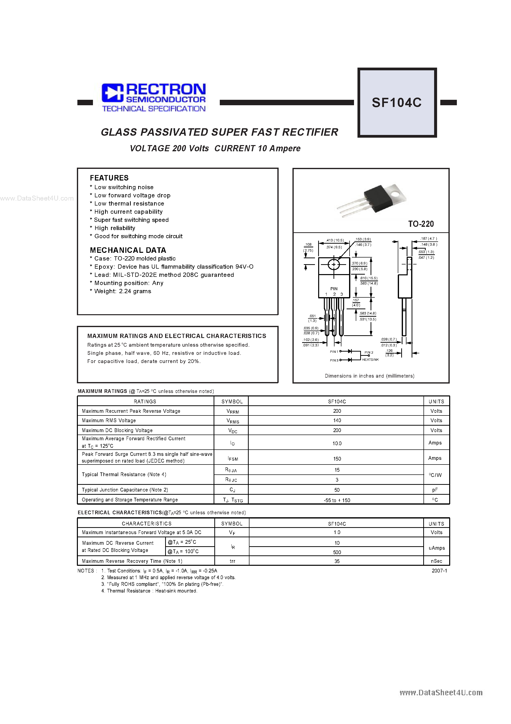 Datasheet SF104C page 1 Datasheet SF104C - GLASS PASSIVATED SUPER FAST RECTIFIER page 1