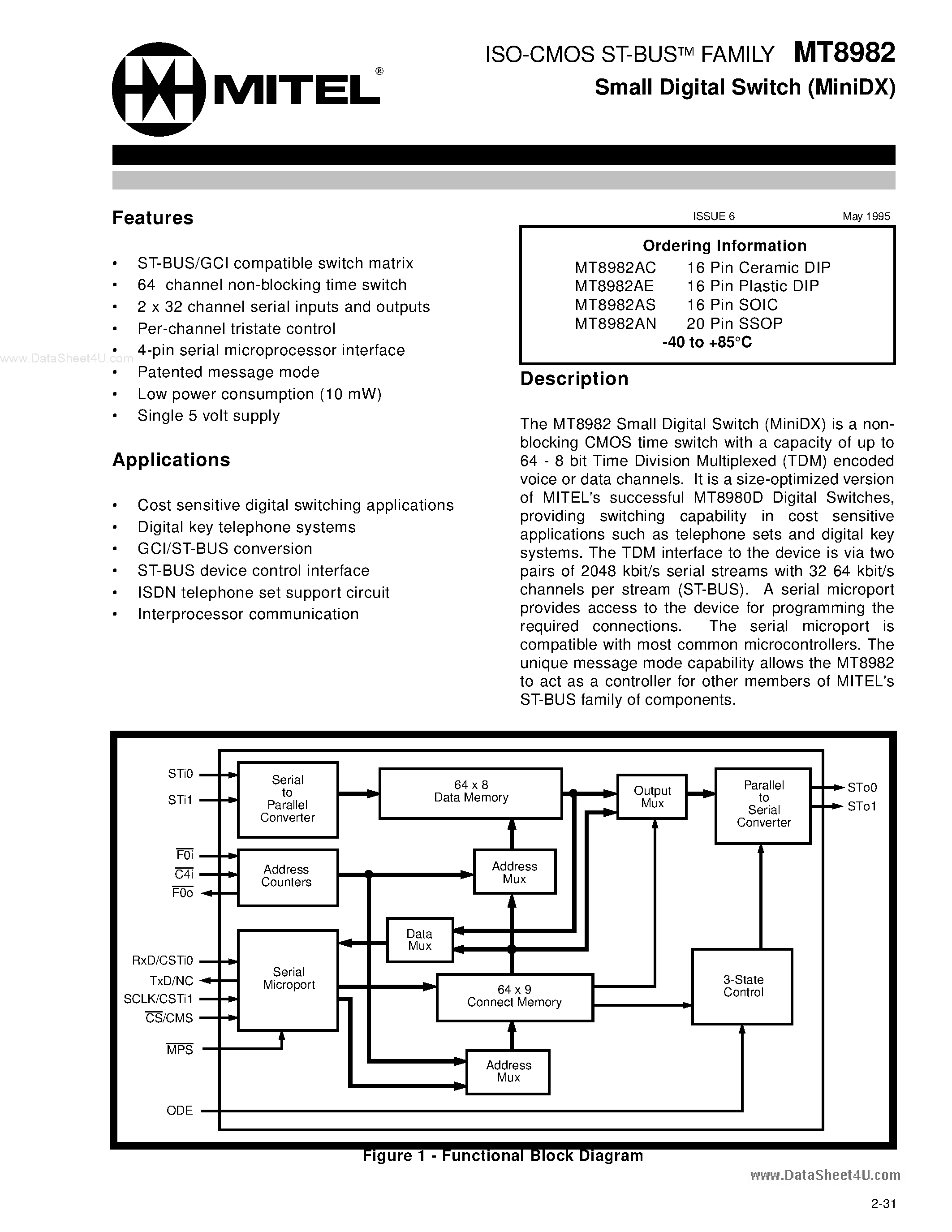 Datasheet MT8982 page 1 Datasheet MT8982 - Small Digital Switch page 1