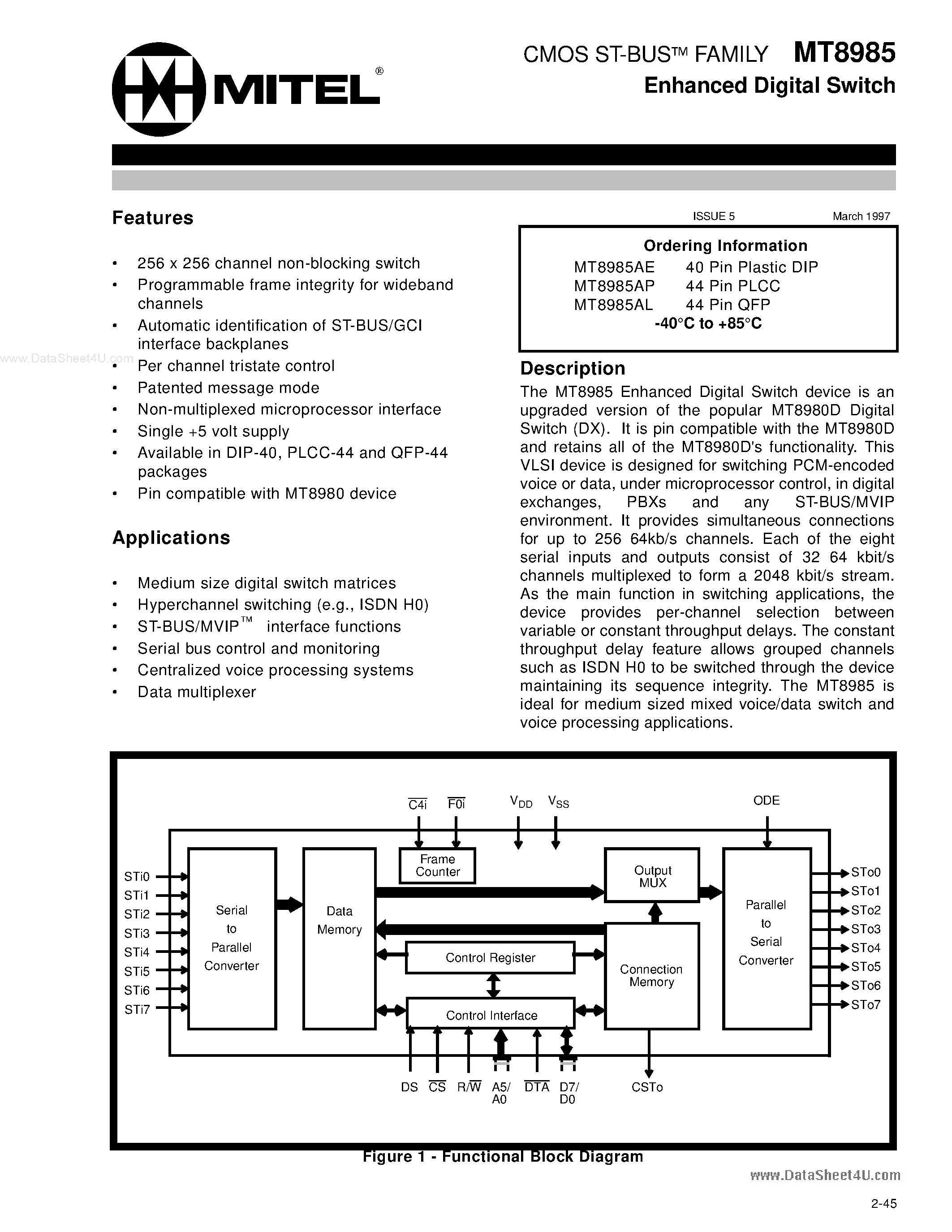 Datasheet MT8985 page 1 Datasheet MT8985 - Enhanced Digital Switch page 1