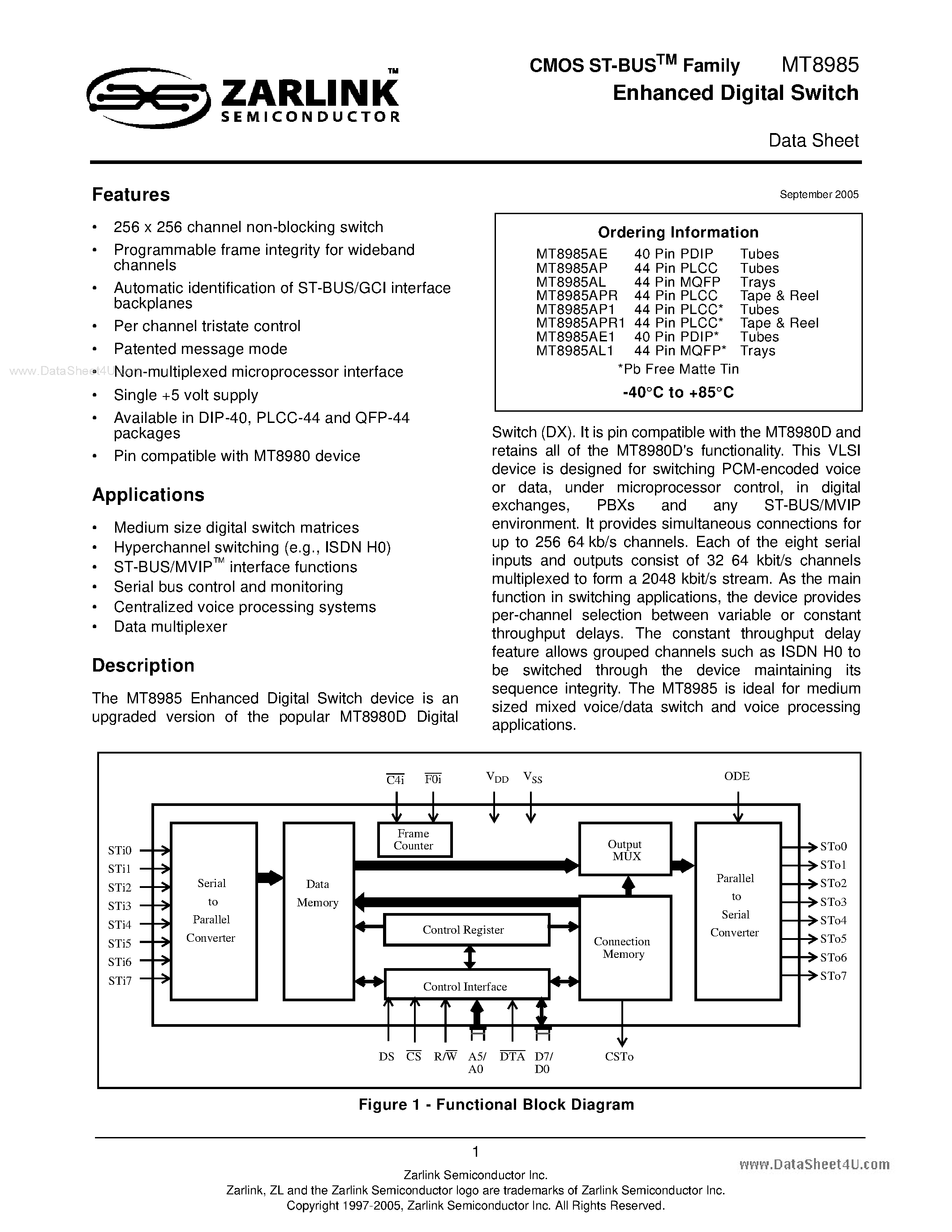 Datasheet MT8985 page 1 Datasheet MT8985 - Enhanced Digital Switch page 1