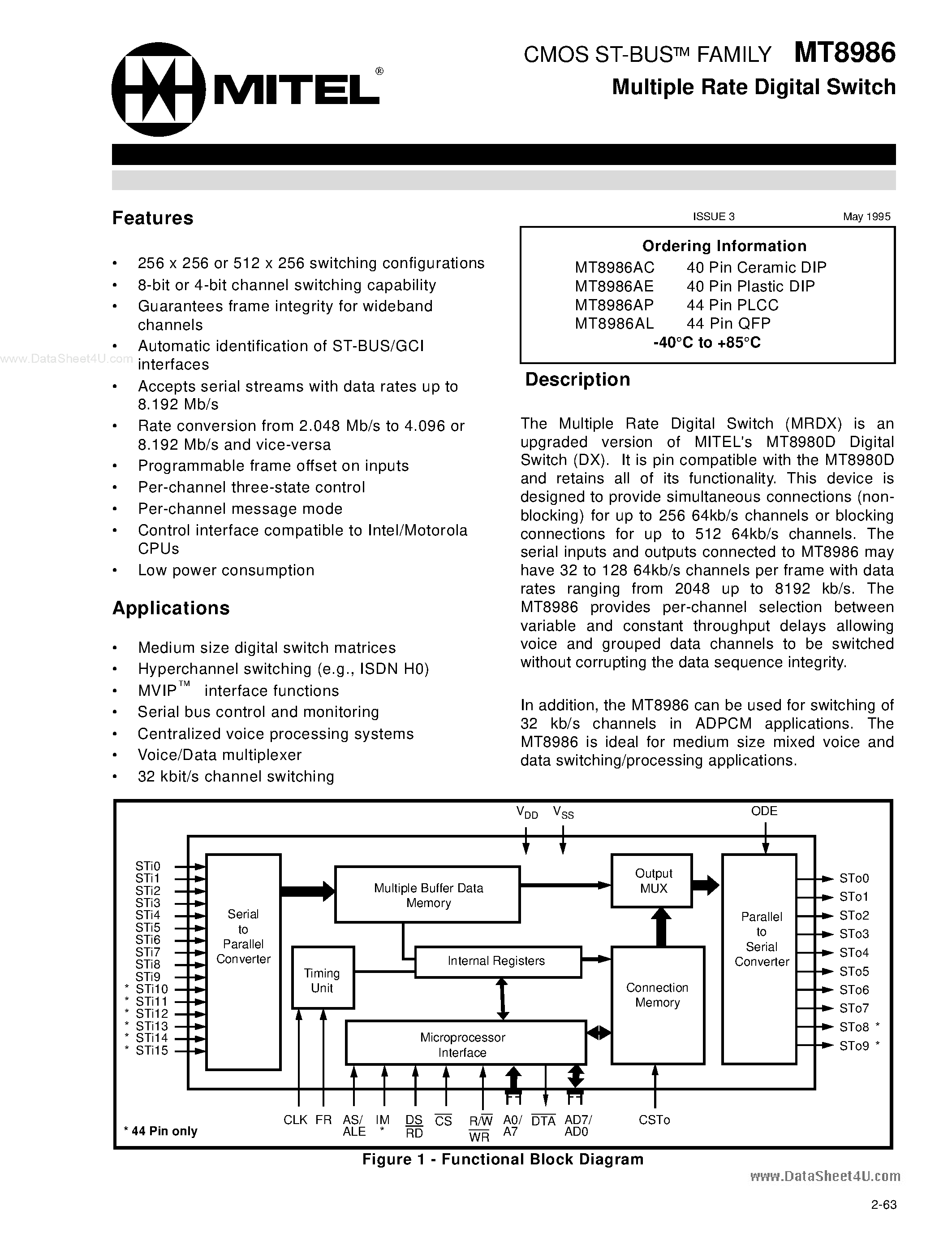 Datasheet MT8986 page 1 Datasheet MT8986 - Multiple Rate Digital Switch page 1