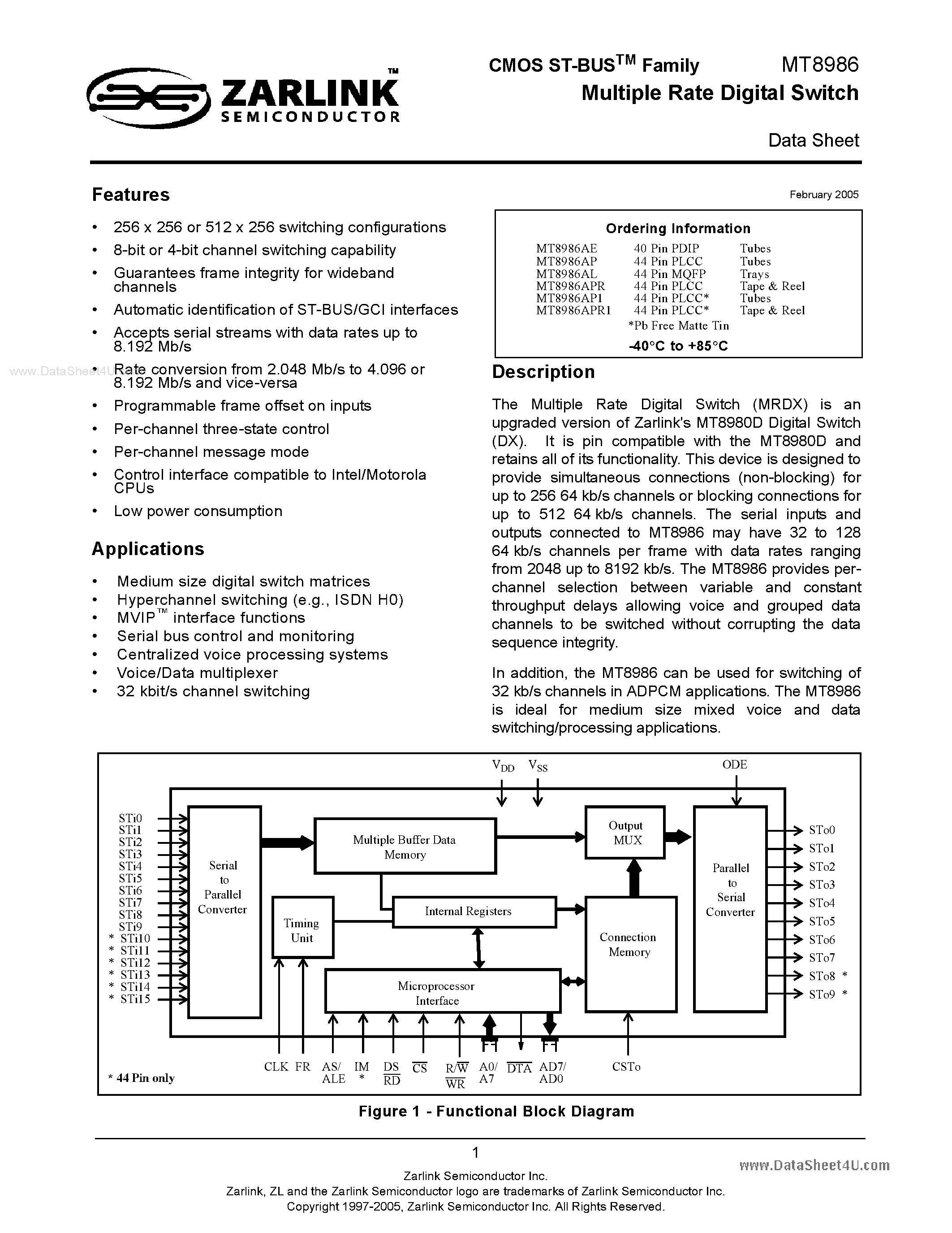 Datasheet MT8986 page 1 Datasheet MT8986 - Multiple Rate Digital Switch page 1