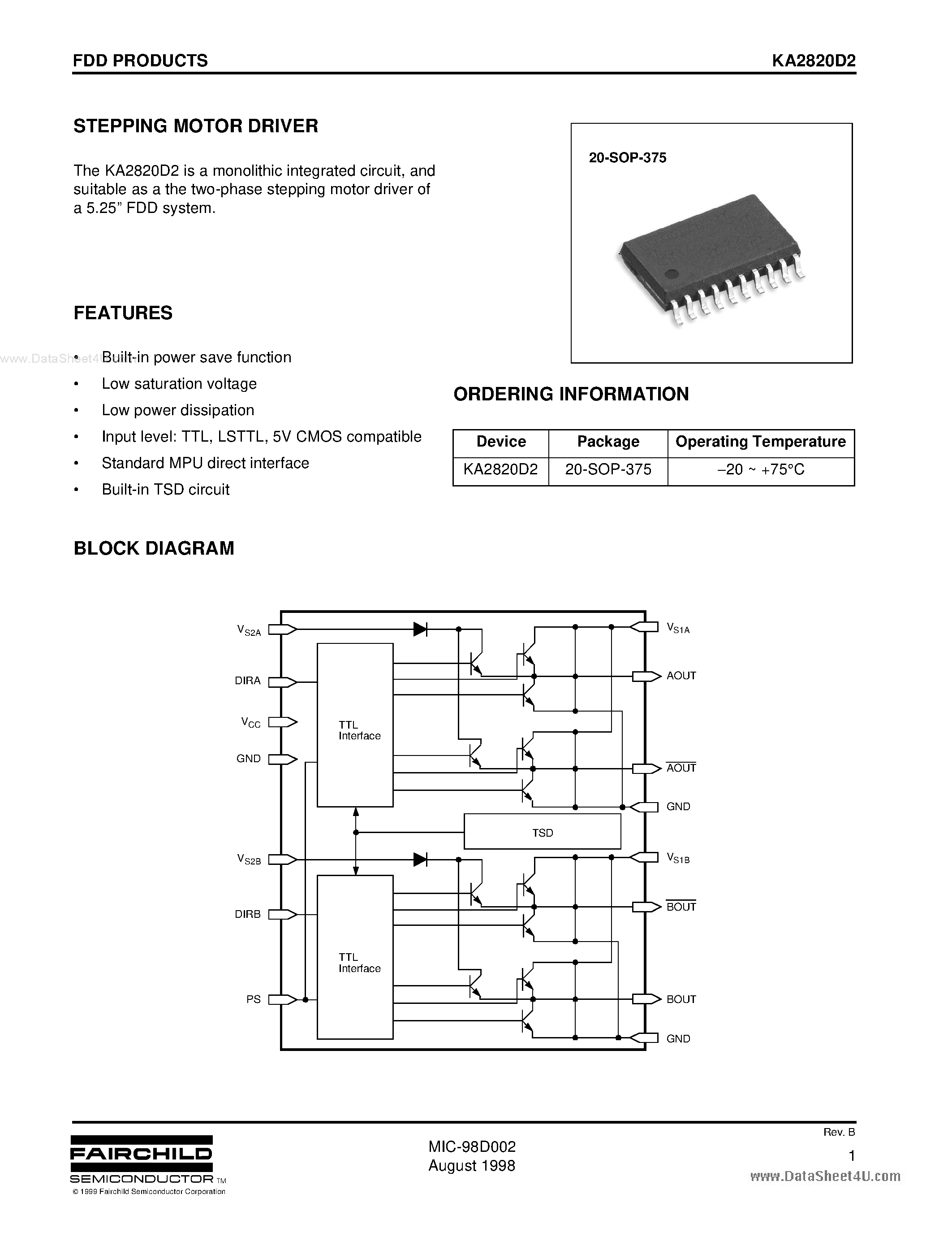 Даташит KA2820D2 - Stepping Motor Driver страница 1