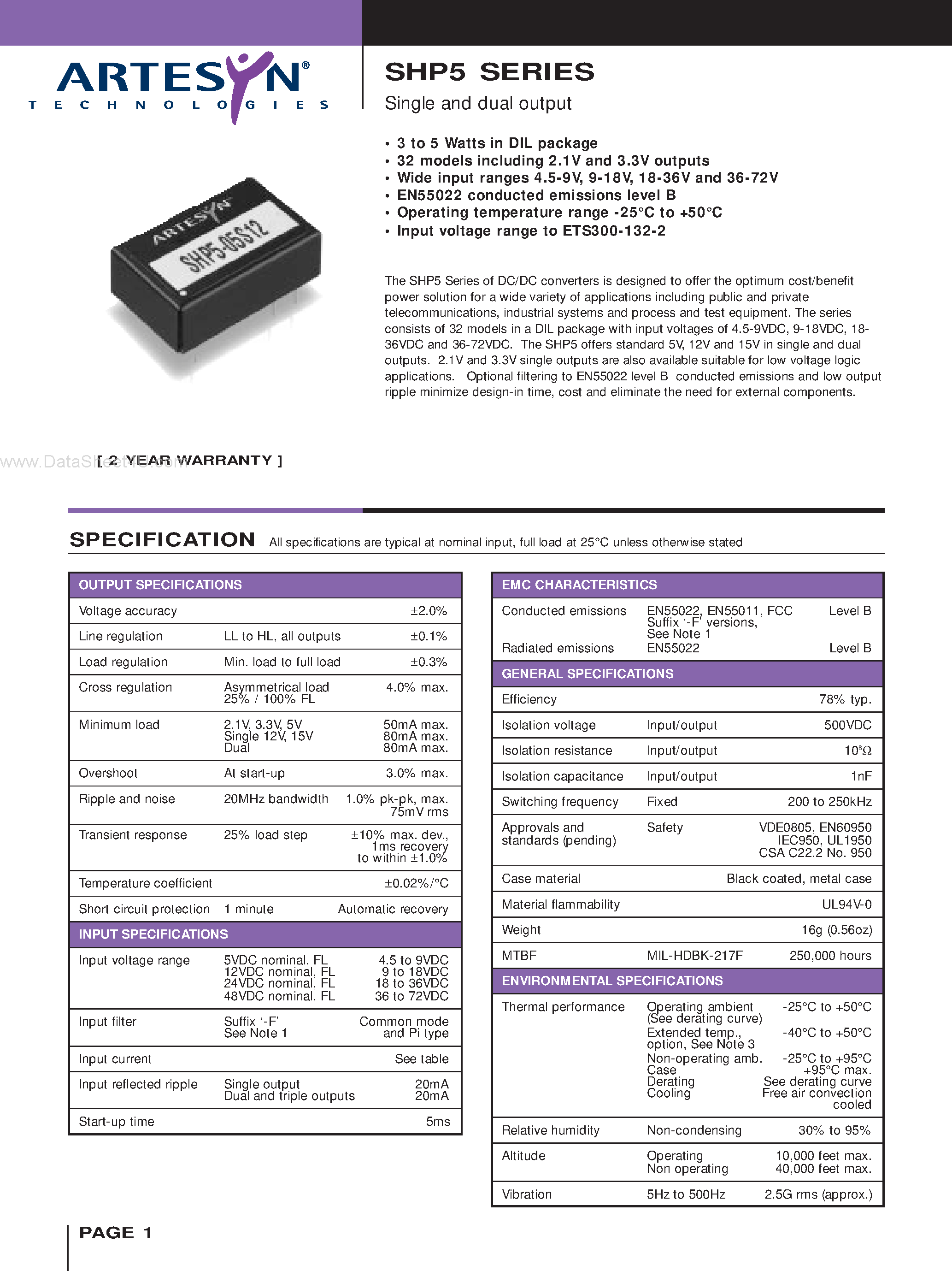 Datasheet SHP5 page 1 Datasheet SHP5 - Single and dual output 3 to 5 Watt Wide input DC/DC converters page 1