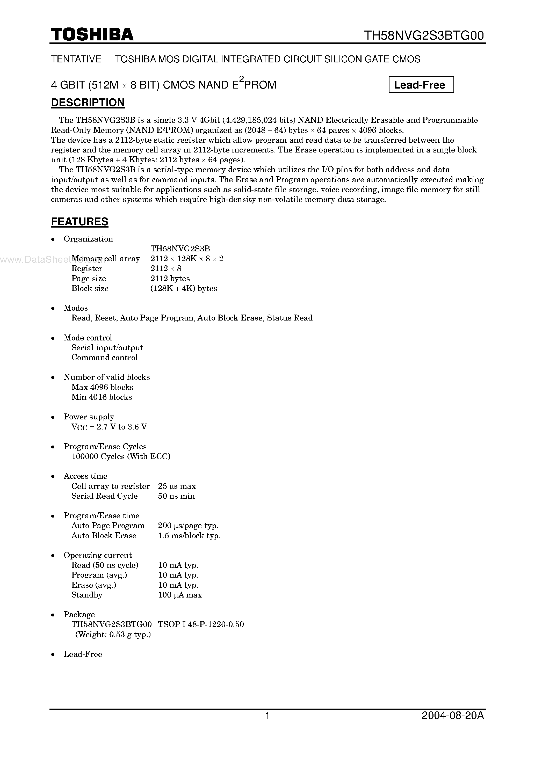 Datasheet TH58NVG2S3BTG00 - 4-Gbit CMOS NAND EPROM page 1