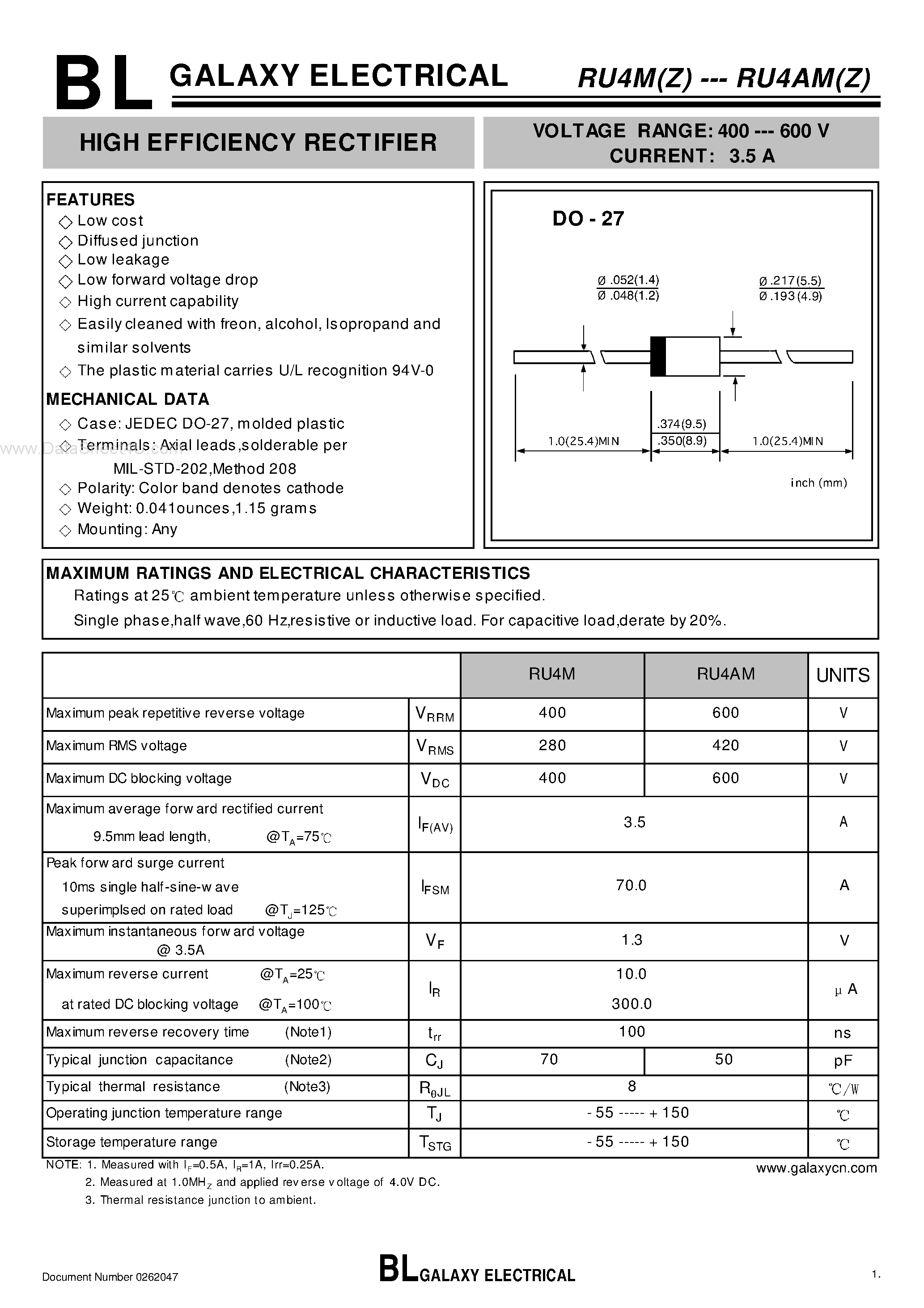 Datasheet RU4AM page 1 Datasheet RU4AM - HIGH EFFICIENCY RECTIFIER page 1