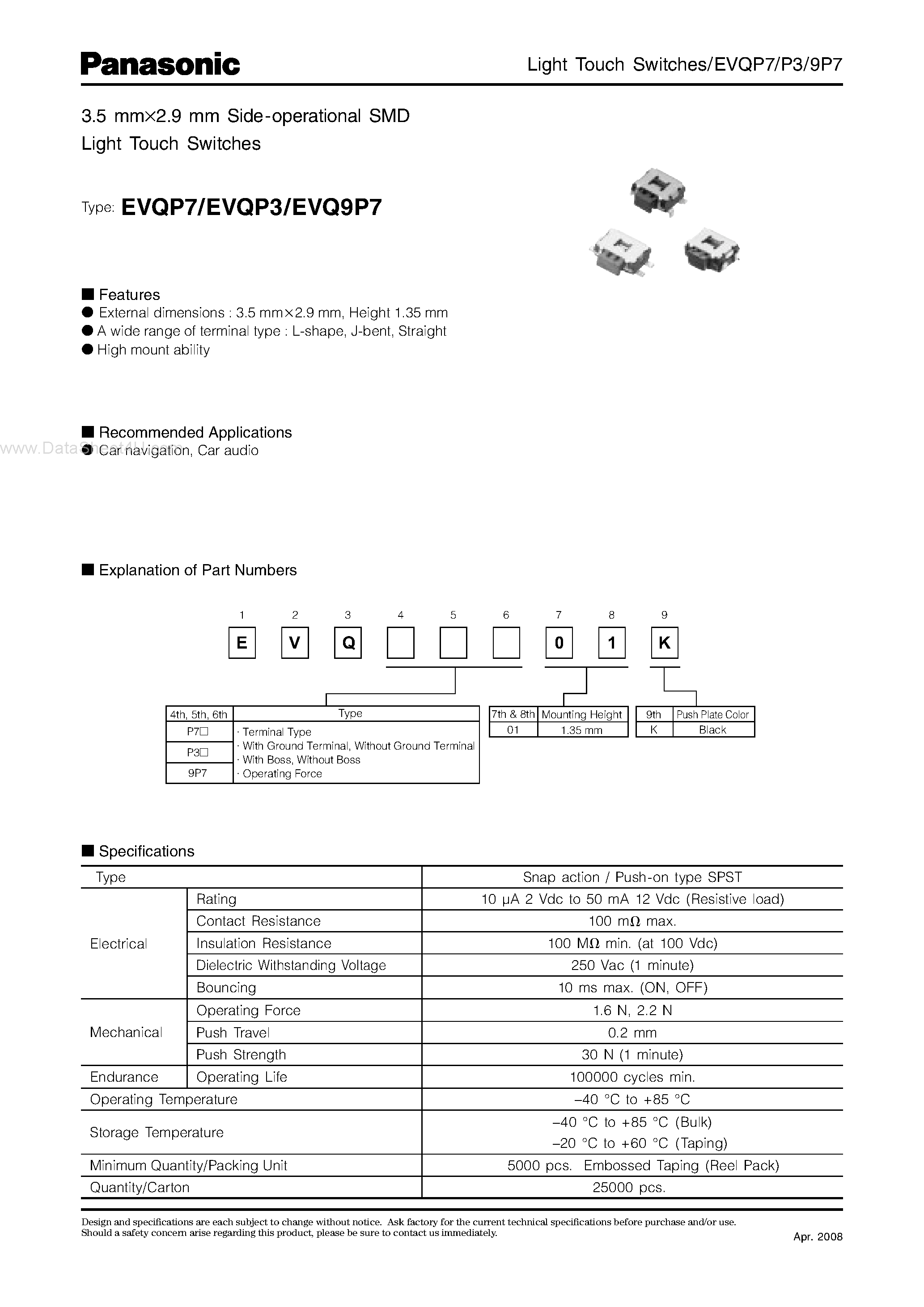 Даташит на микросхему EVQ9P7 страница 1 Даташит EVQ9P7 - (EVQPxx) Side Operational SMD Light Touch Switches страница 1