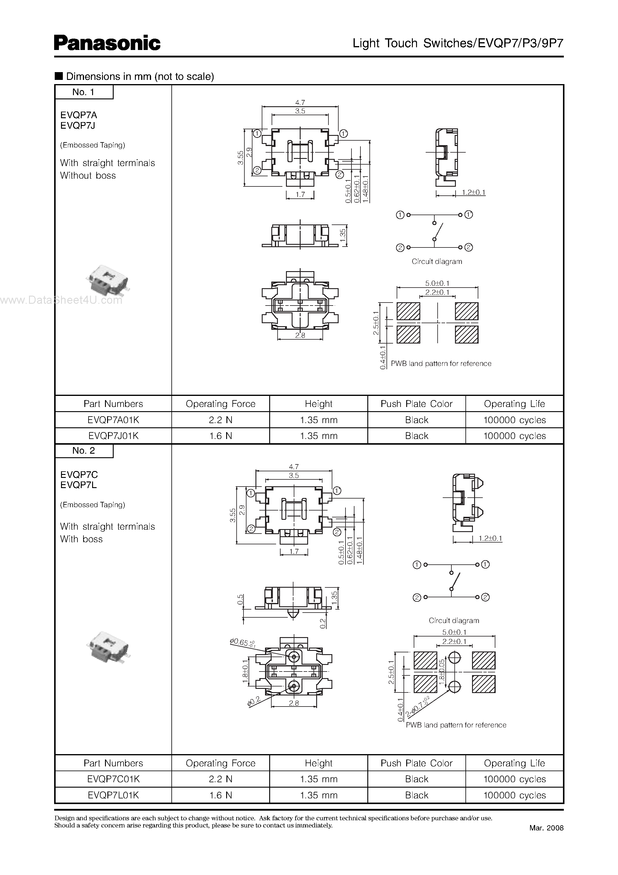Даташит на микросхему EVQ9P7 страница 2 Даташит EVQ9P7 - (EVQPxx) Side Operational SMD Light Touch Switches страница 2