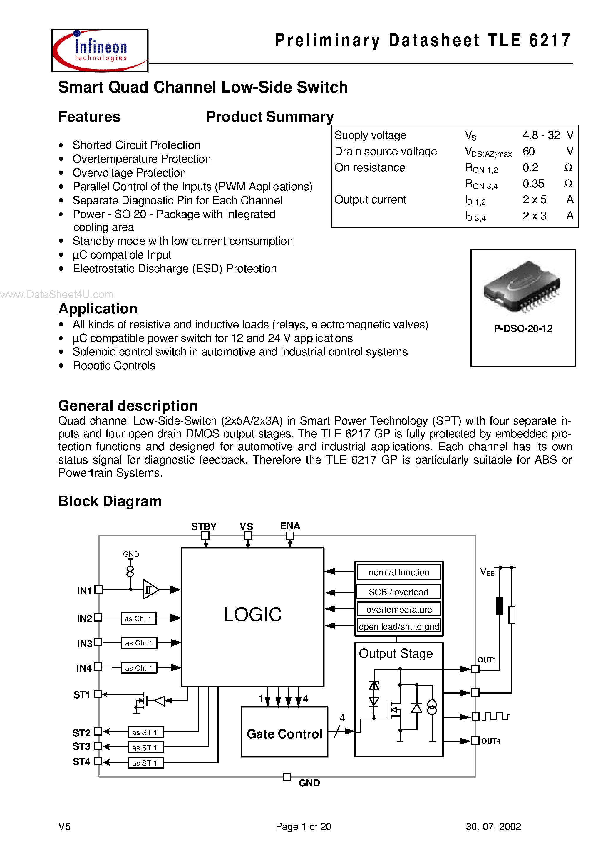 Datasheet TLE6217 page 1 Datasheet TLE6217 - Smart Quad Channel Low-Side Switch page 1